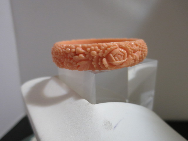 Coral Color Molded Celluloid Bangle Bracelet Floral Motif