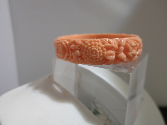 Coral Color Molded Celluloid Bangle Bracelet Floral Motif