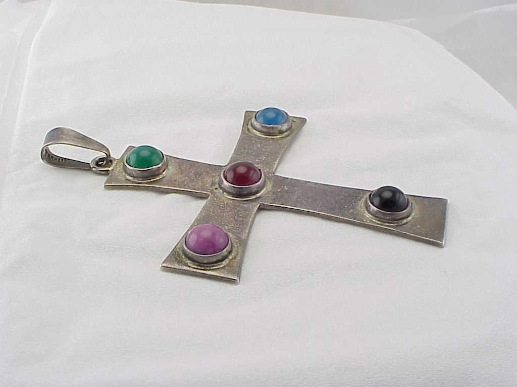 Signed Taxco Mexico Large Sterling Silver And Gemstone Cross Pendant