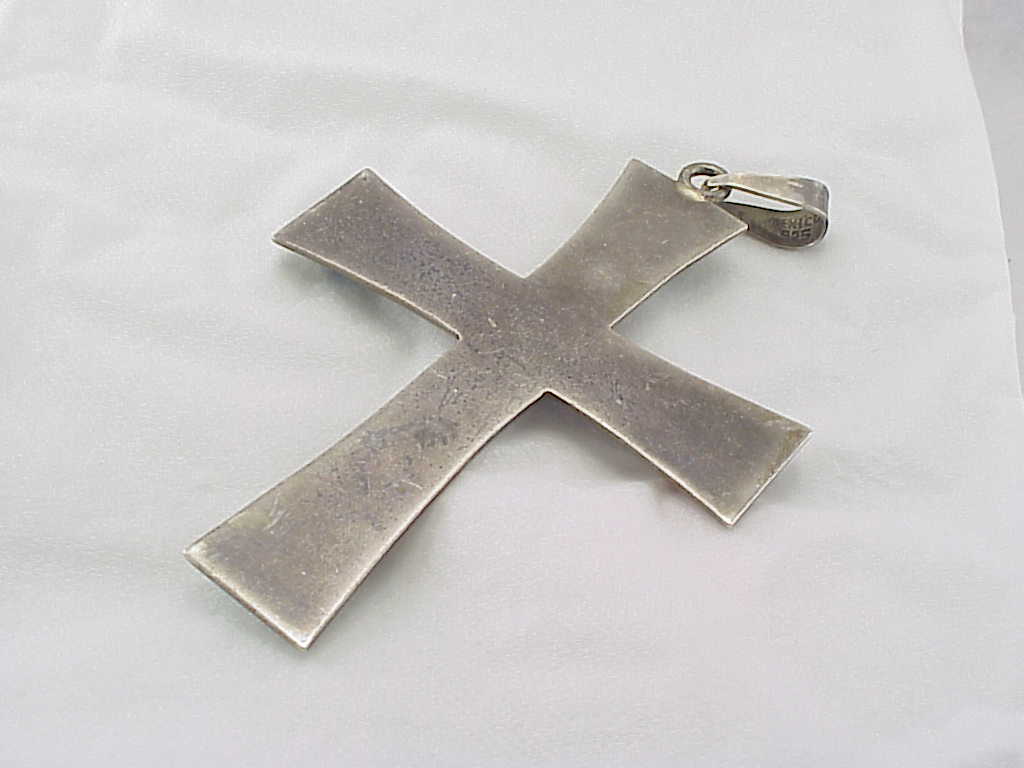 Signed Taxco Mexico Large Sterling Silver And Gemstone Cross Pendant