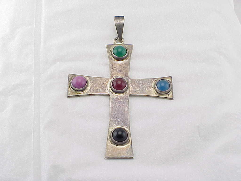 Signed Taxco Mexico Large Sterling Silver And Gemstone Cross Pendant