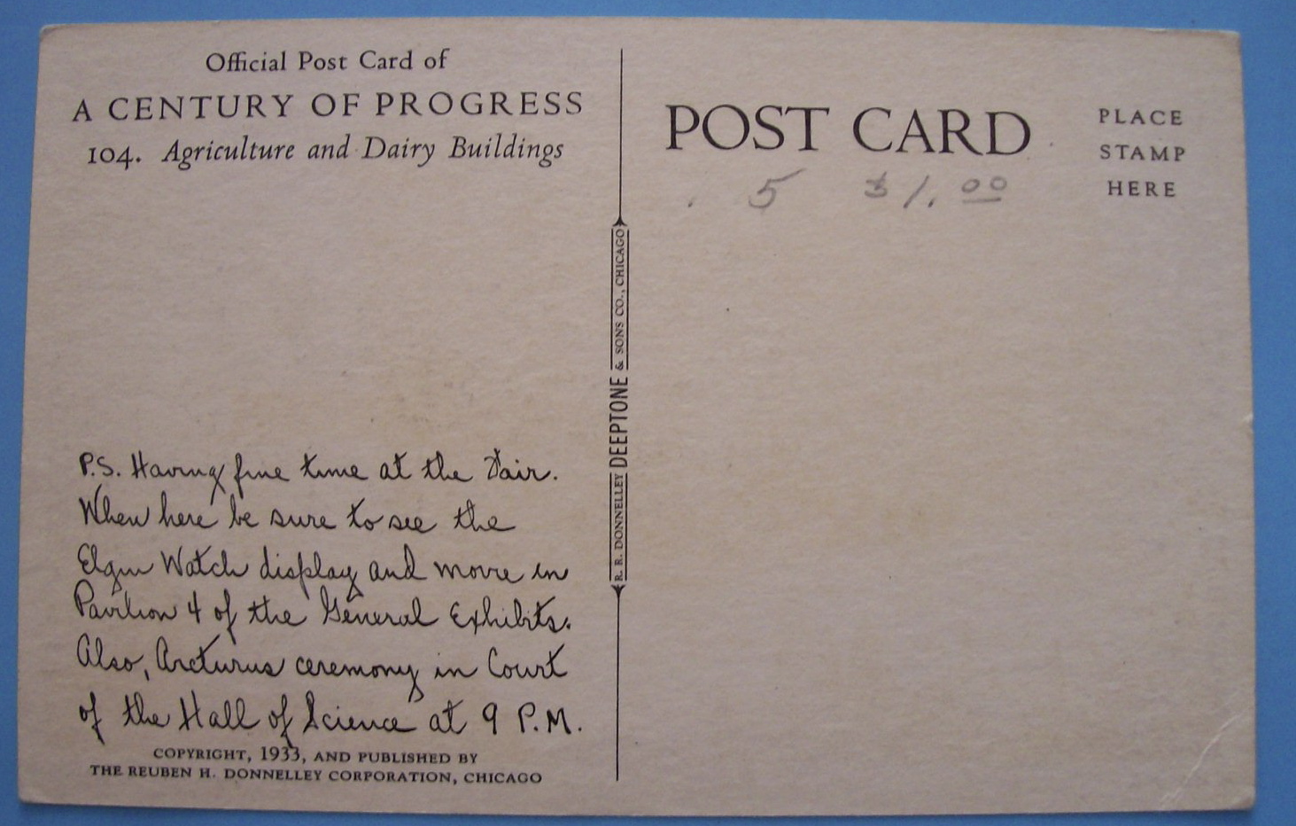 1933 Century Of Progress Agriculture & Dairy Postcard