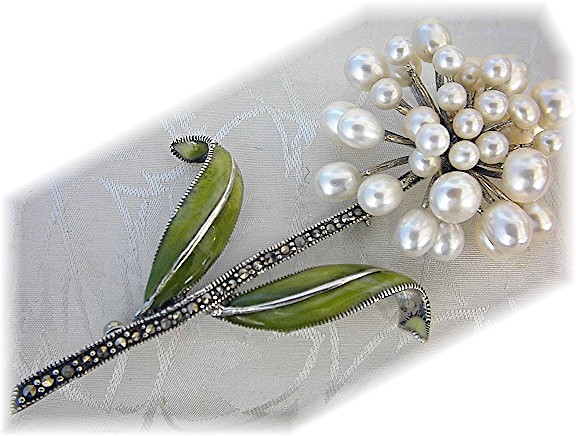 Pearl Marquisite Enamel Flower Sterling Silver Brooch