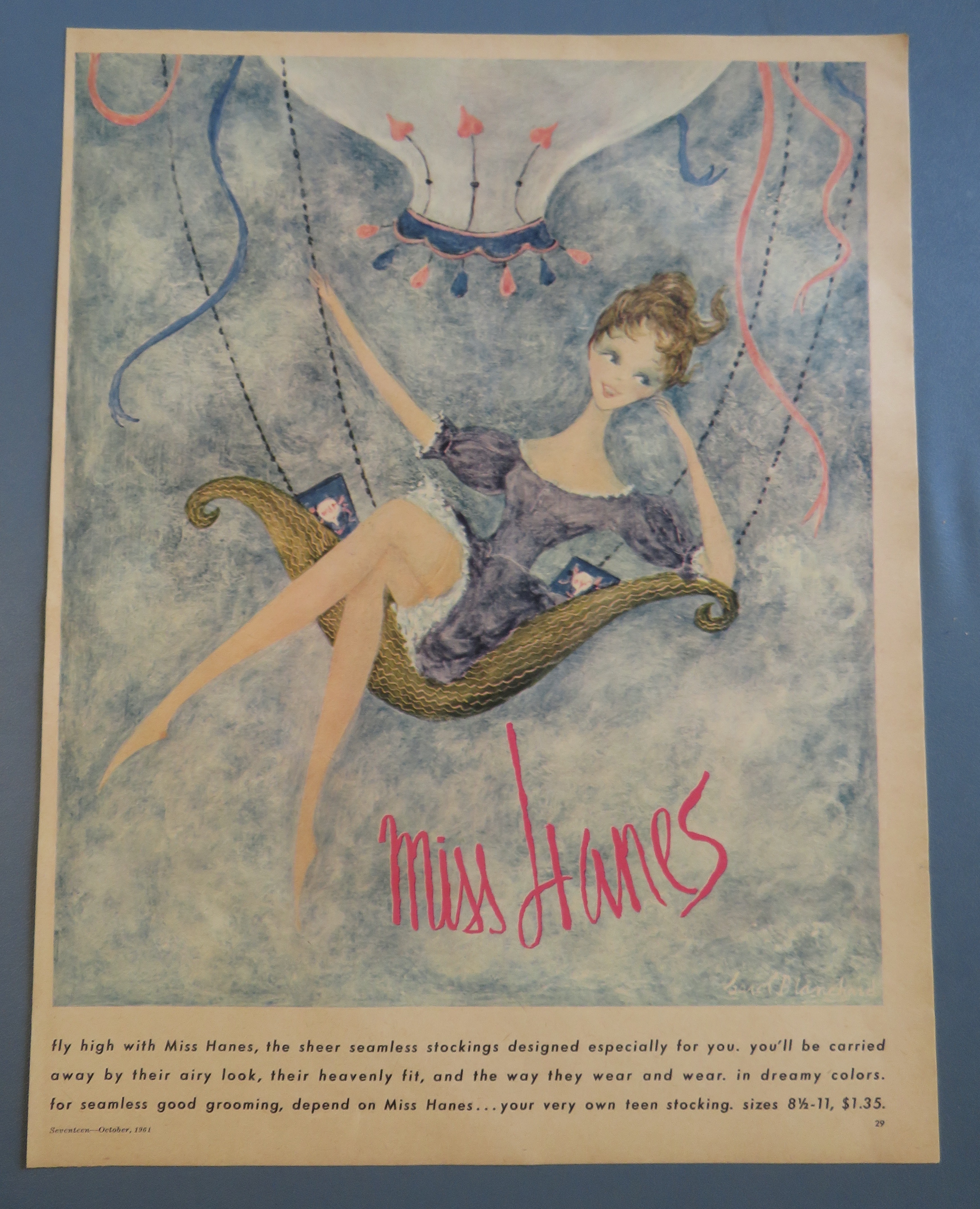 1961 Miss Hanes with Girl Floating In Hot Air Balloon