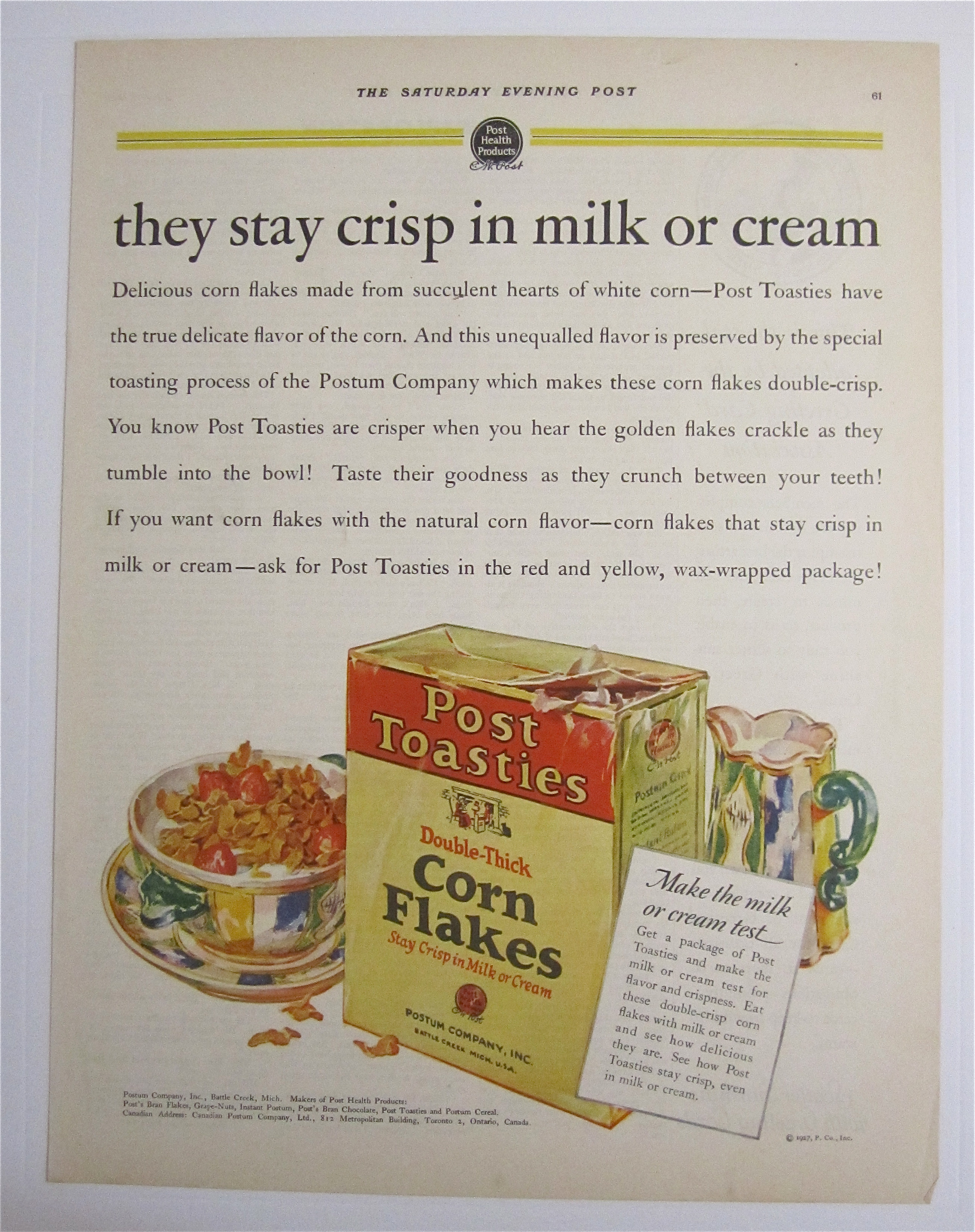 1927 Post Toasties Corn Flakes w/ Bowl & Box Of Cereal