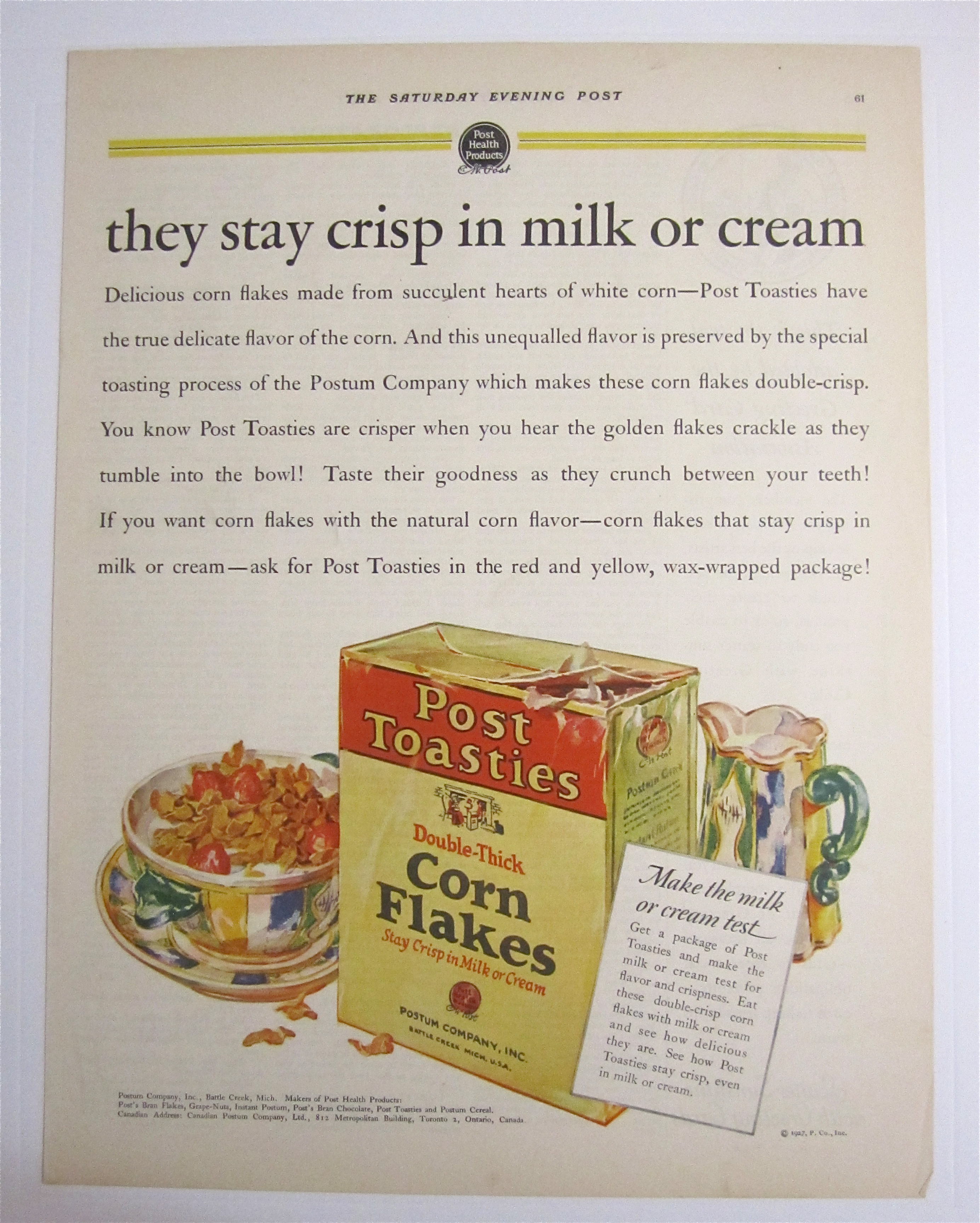 1927 Post Toasties Corn Flakes w/ Bowl & Box Of Cereal
