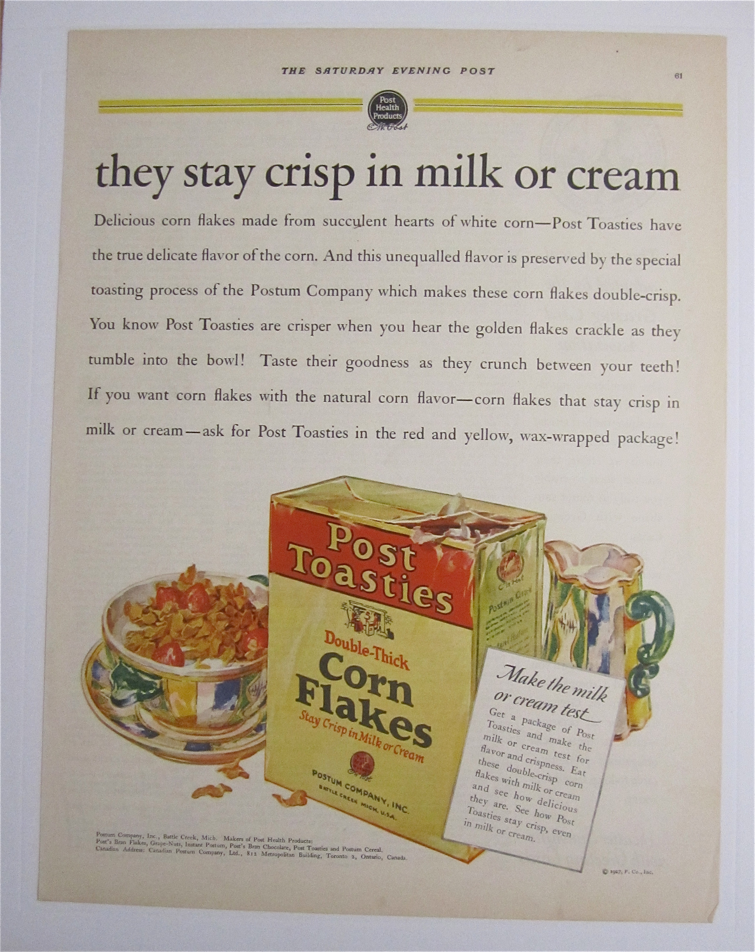1927 Post Toasties Corn Flakes w/ Bowl & Box Of Cereal