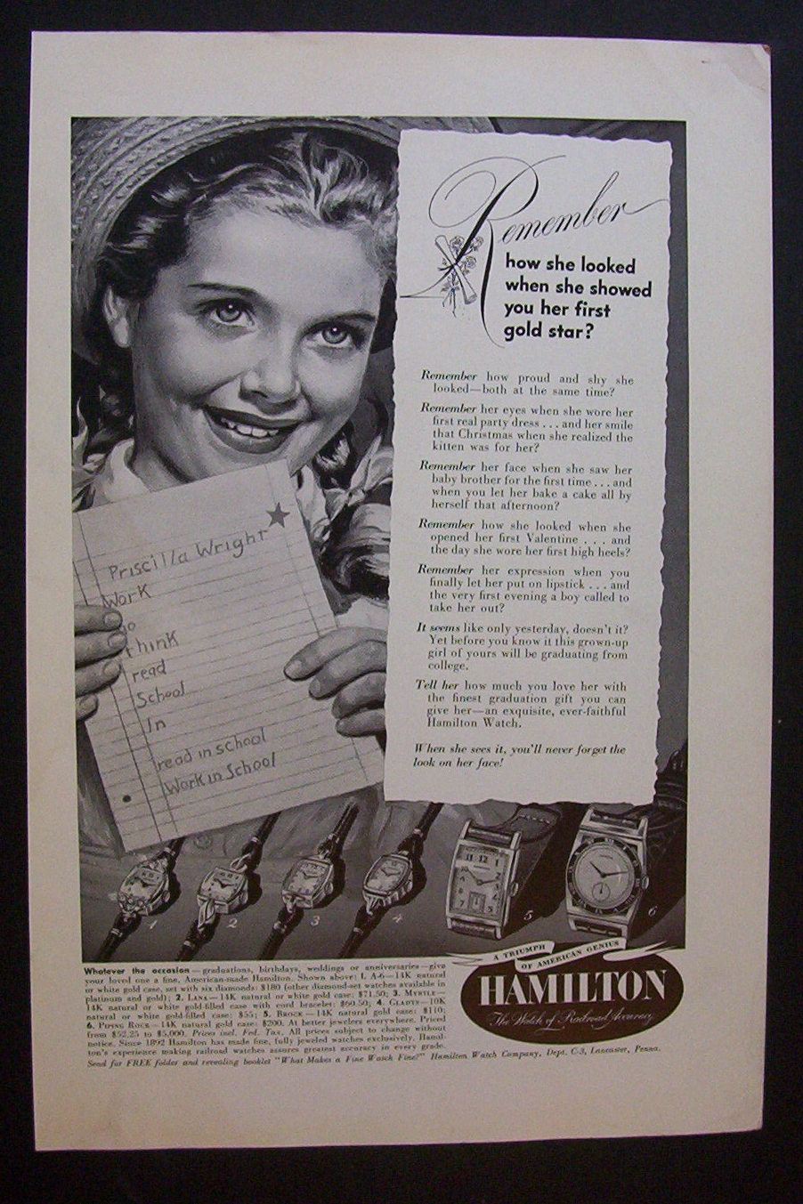 1949 Hamilton Watch w/ Little Girl Holding School Paper