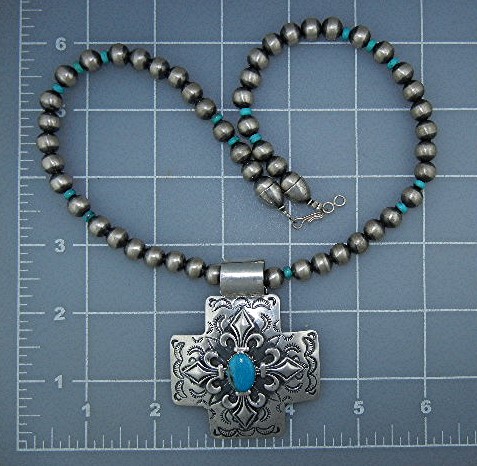 Navajo Sterling Silver Turquoise Cross Beads Necklace
