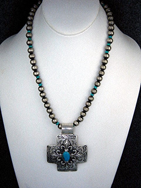 Navajo Sterling Silver Turquoise Cross Beads Necklace