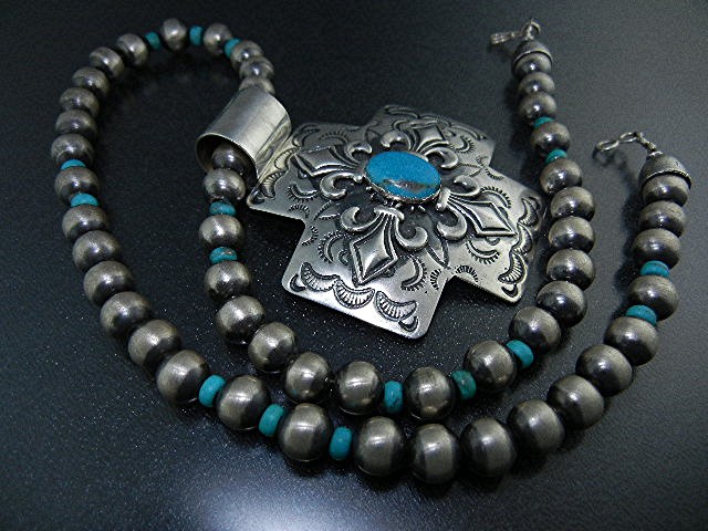 Navajo Sterling Silver Turquoise Cross Beads Necklace