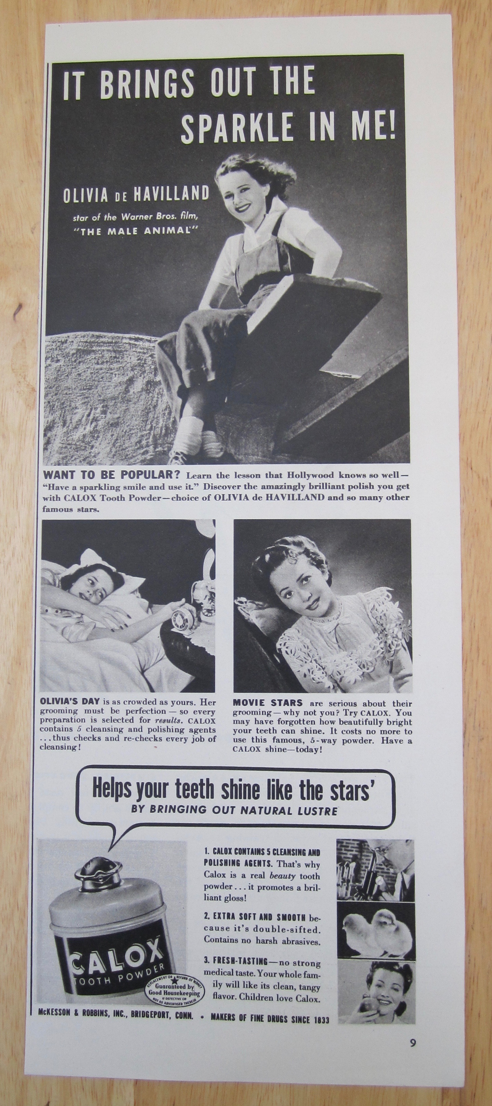 1942 Calox Tooth Powder with Olivia De Havilland
