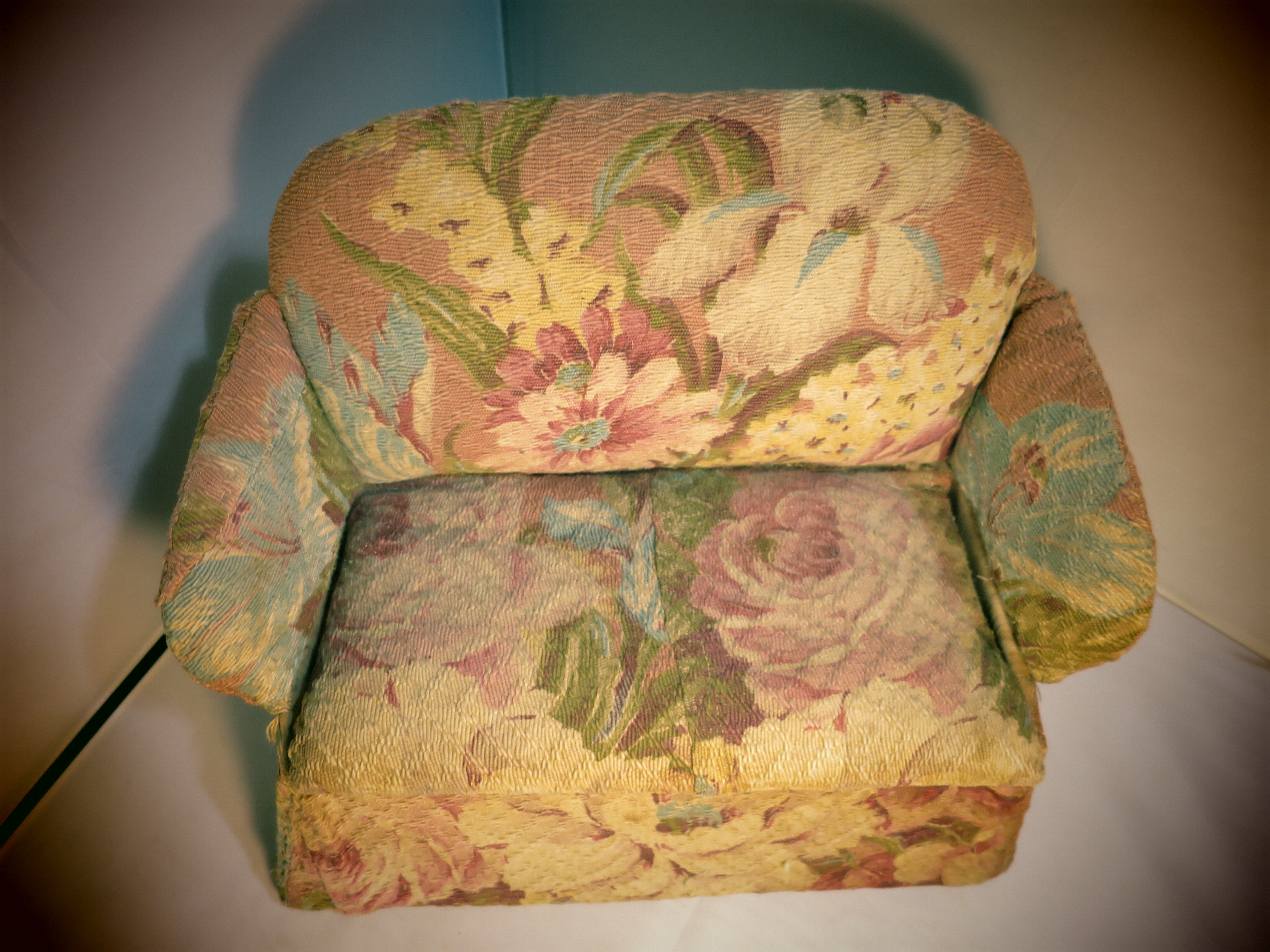 Vintage Sewing Box Couch Floral Barkcloth Upholstery