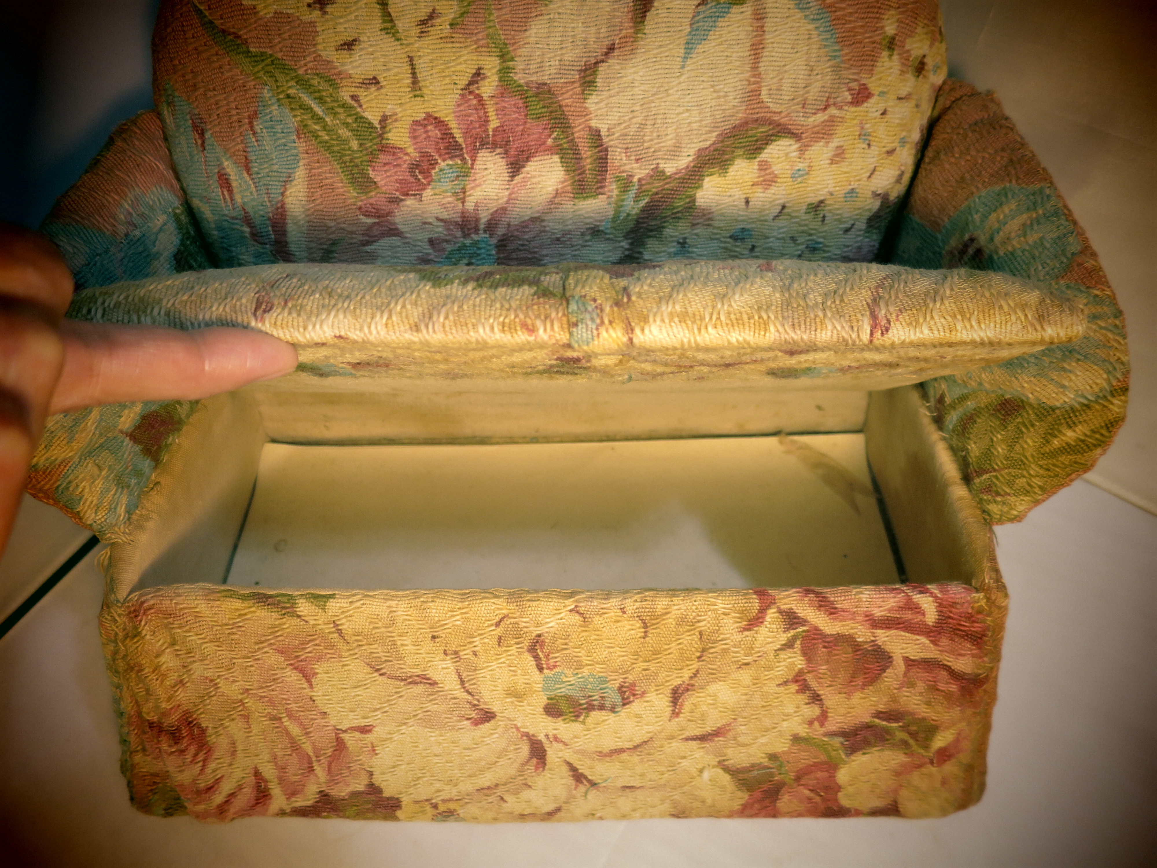 Vintage Sewing Box Couch Floral Barkcloth Upholstery