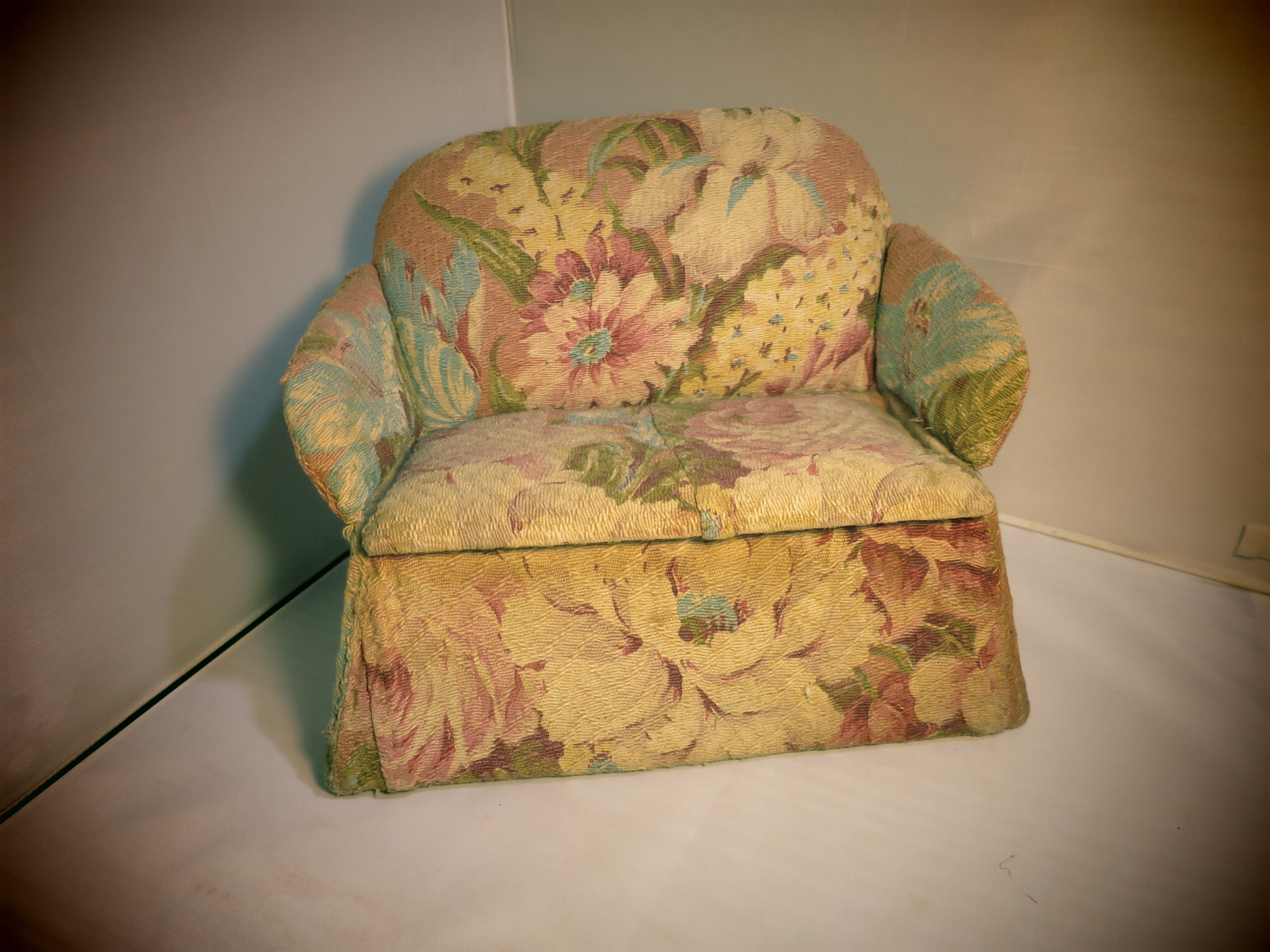 Vintage Sewing Box Couch Floral Barkcloth Upholstery