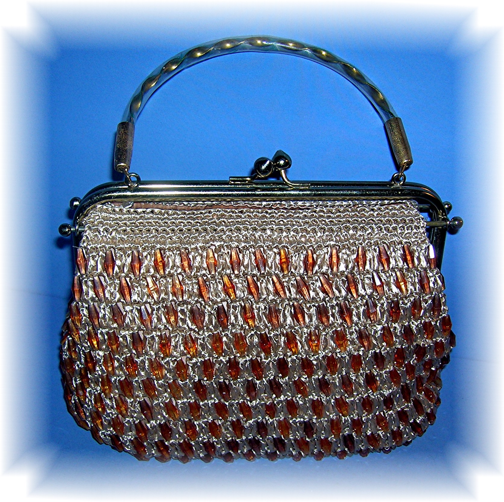 Brass Frame Straw Plastic Beaded Silk Lined Bag
