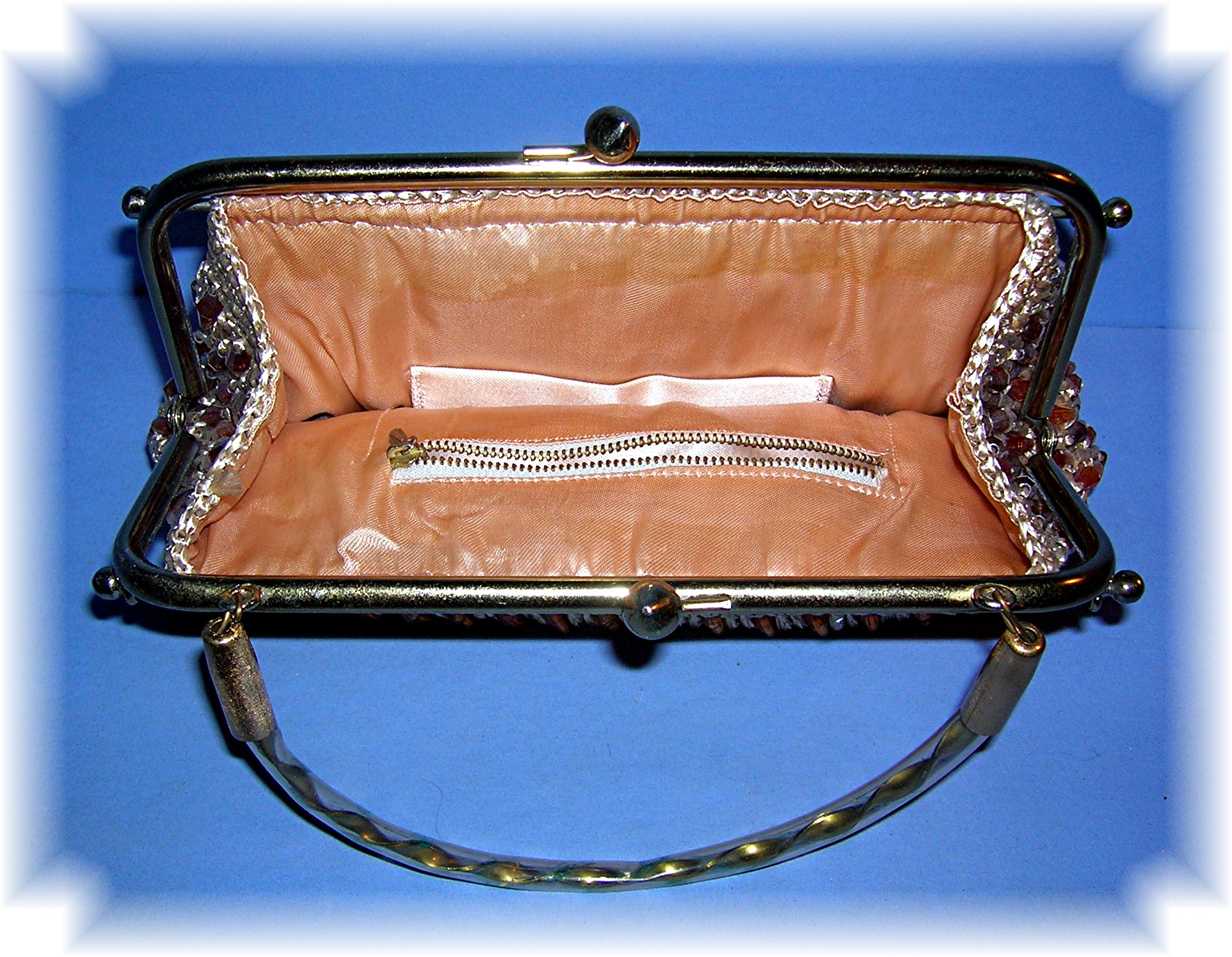 Brass Frame Straw Plastic Beaded Silk Lined Bag