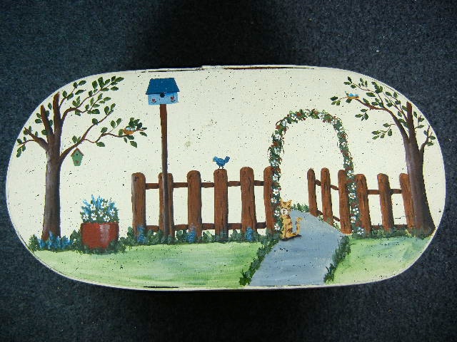 Wooden box Painted Bird house scene with cat