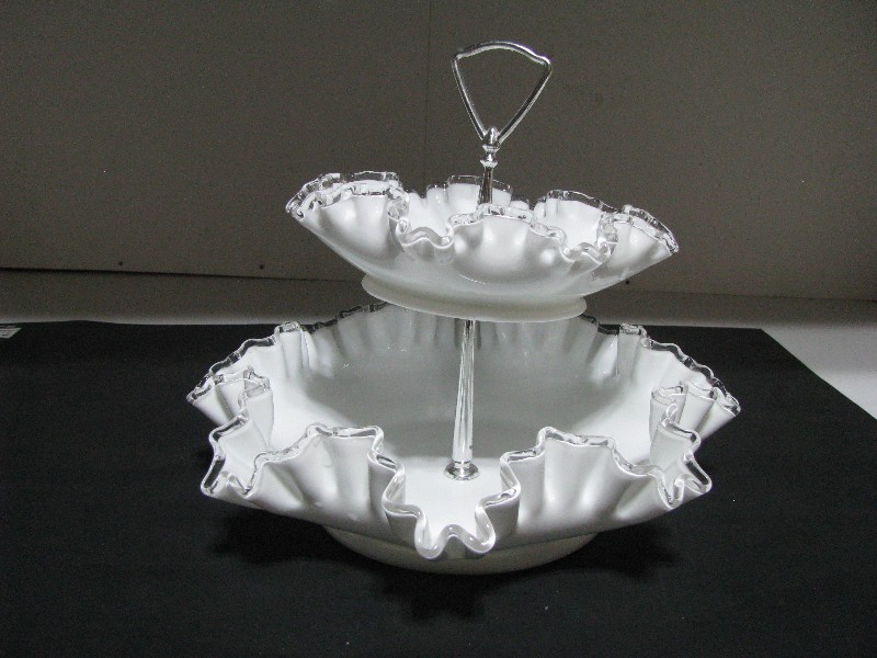 Vintage Fenton Silver Crest Milk Glass 2-Tier Tidbit Tray Dessert Stand