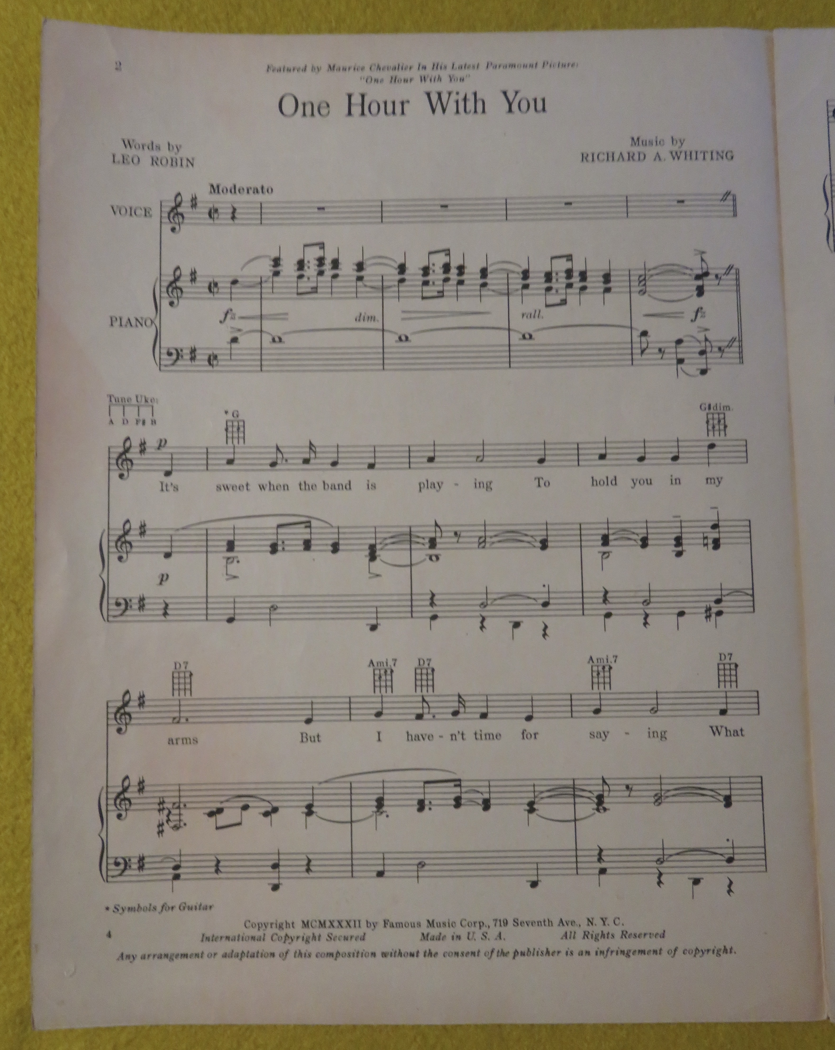1932 One Hour With You Sheet Music Maurice Chevalier