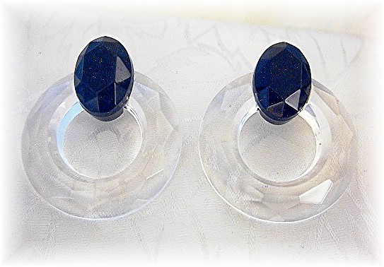 Lucite Black Clear Faceted Pierced Earrings