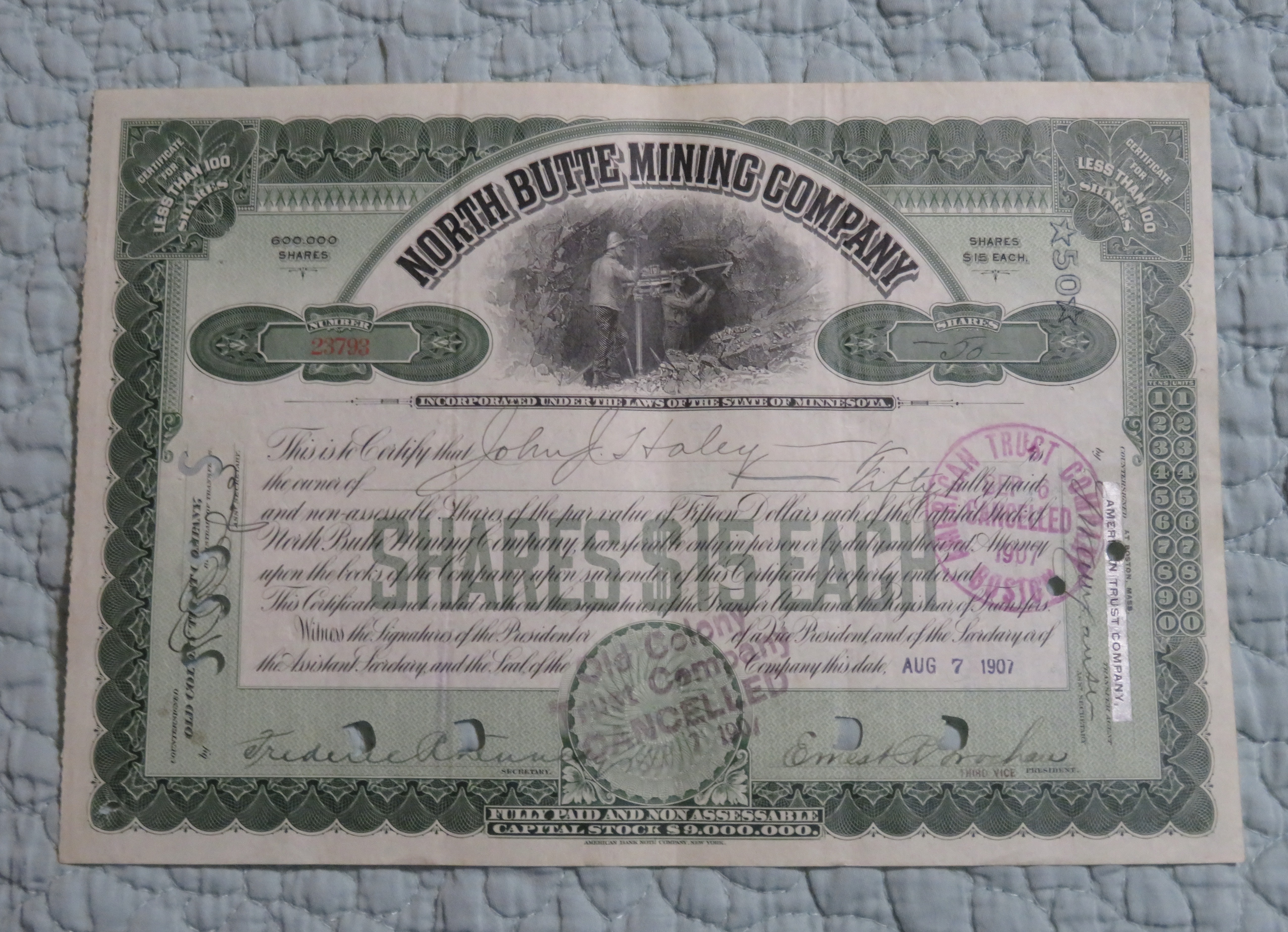 1907 North Butte Mining Company Stock Certificate