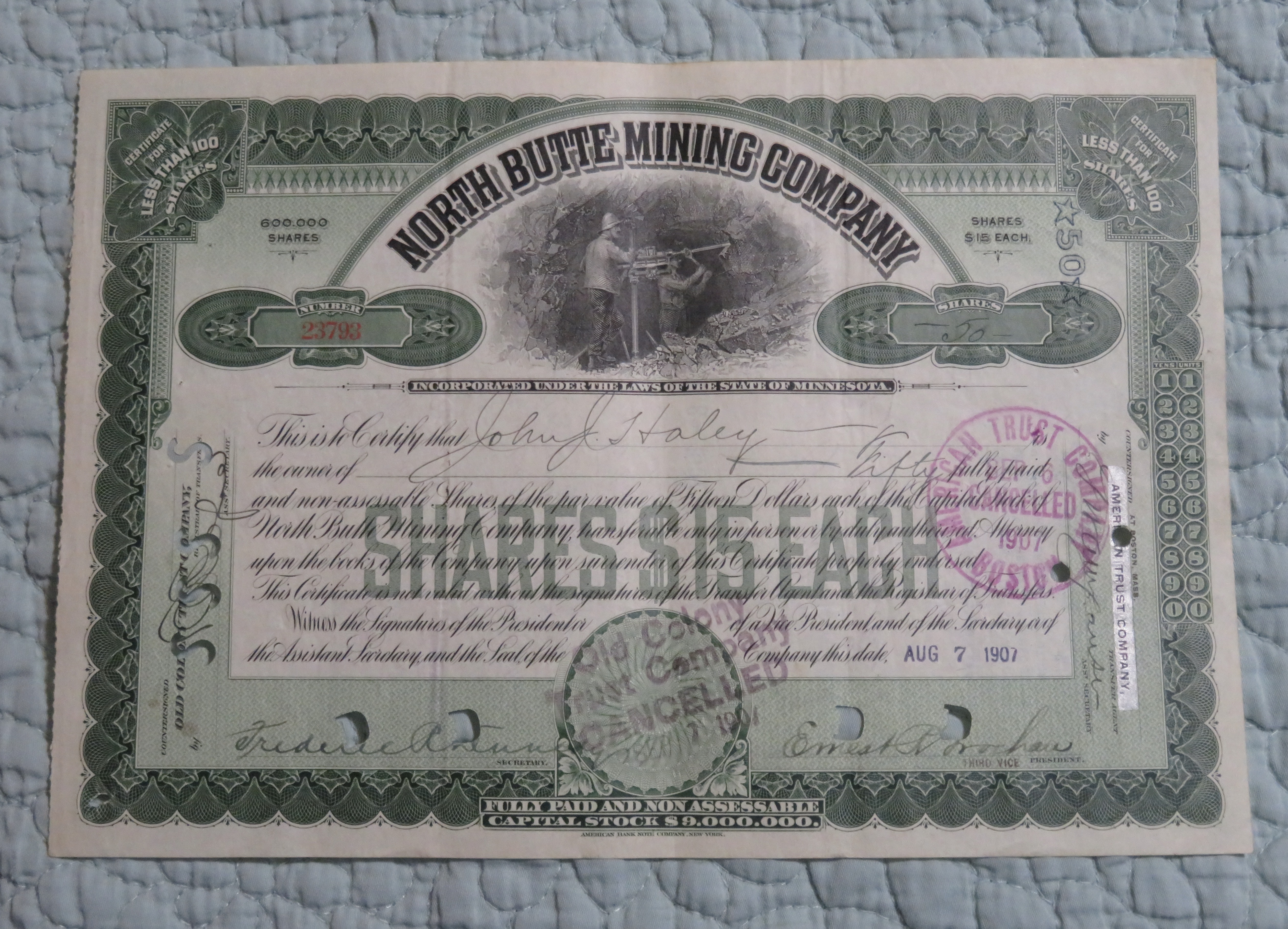 1907 North Butte Mining Company Stock Certificate