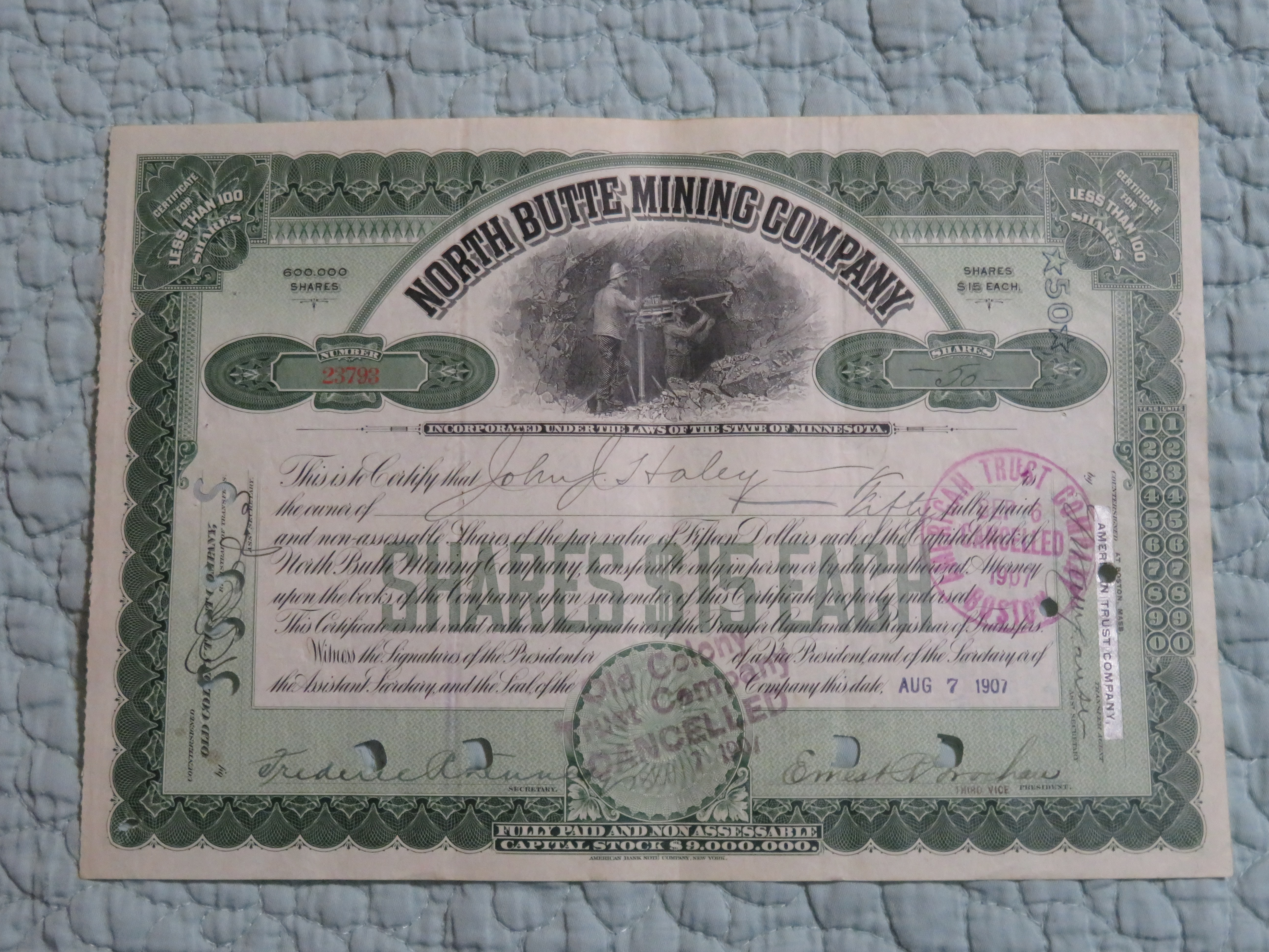 1907 North Butte Mining Company Stock Certificate