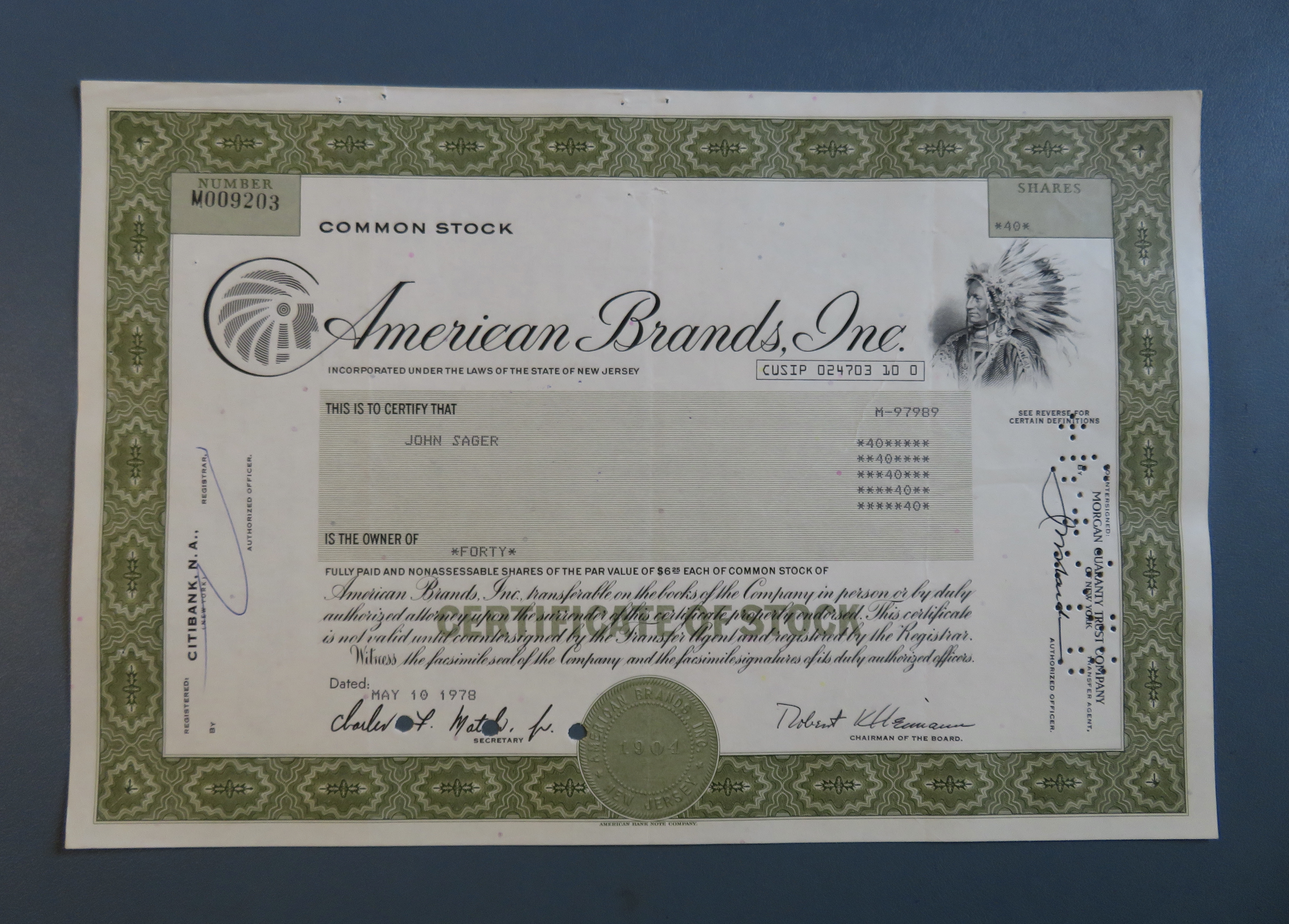 1978 American Brands Incorporated Stock Certificate