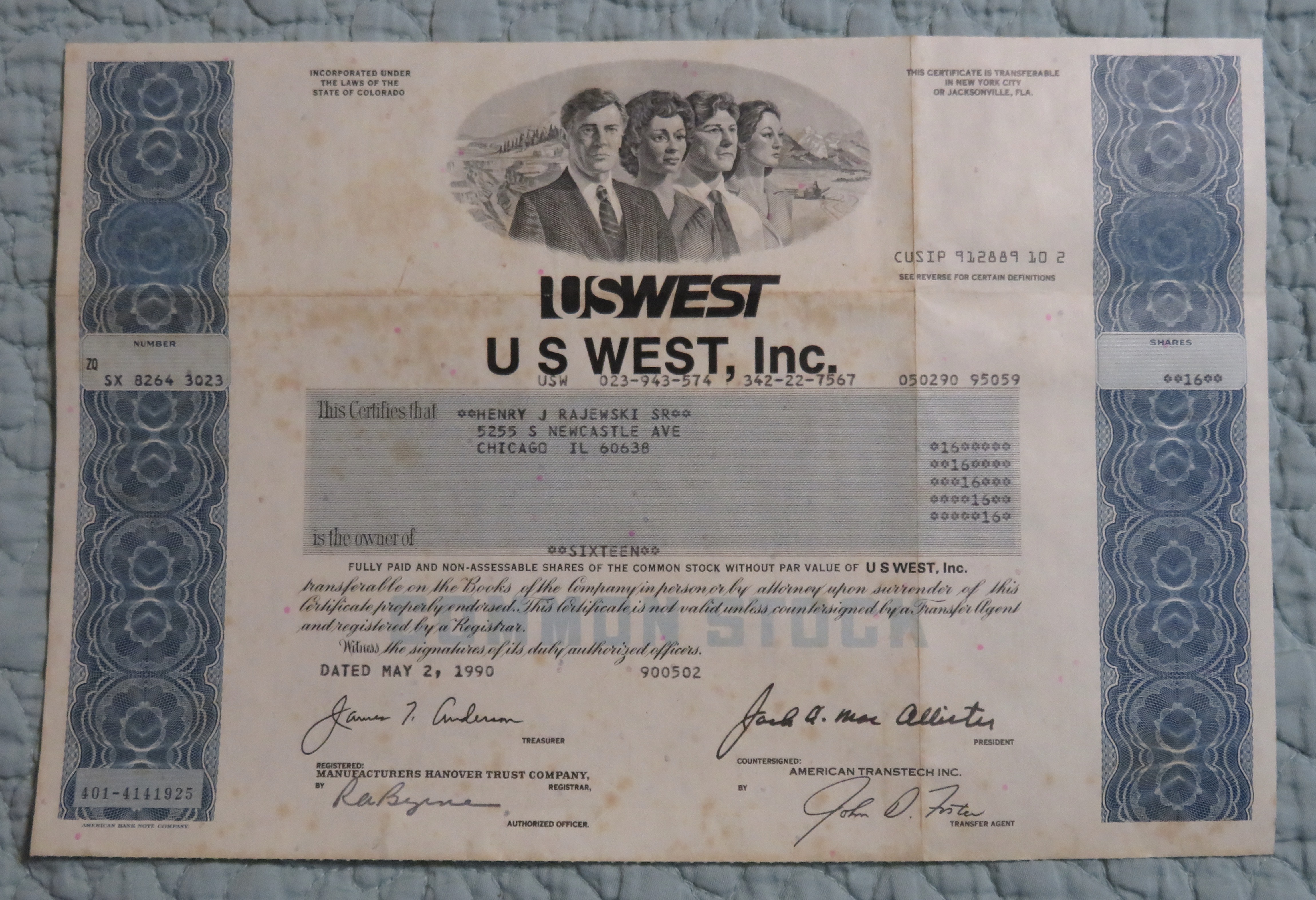 1990 US West Incorporated Stock Certificate