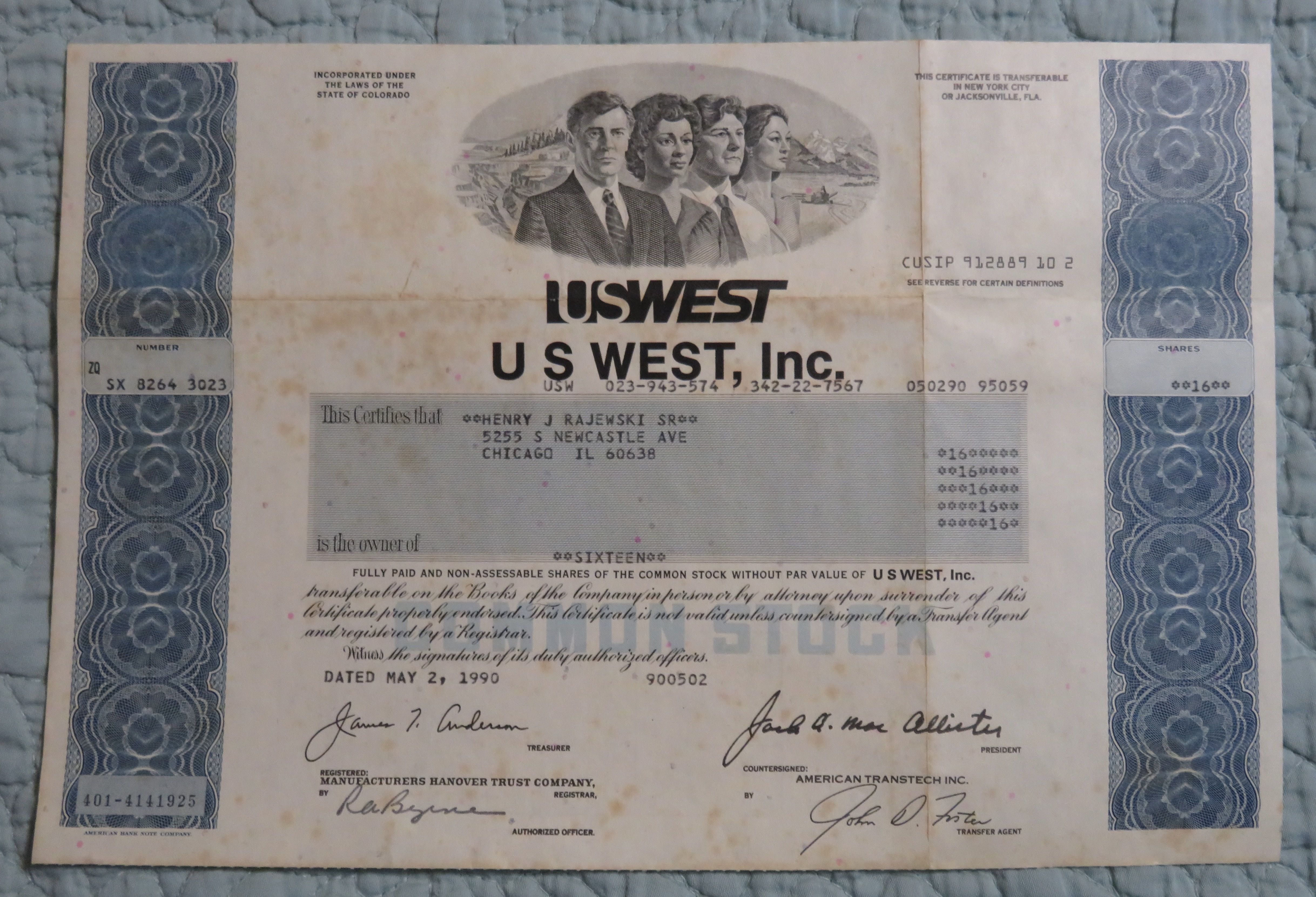 1990 US West Incorporated Stock Certificate