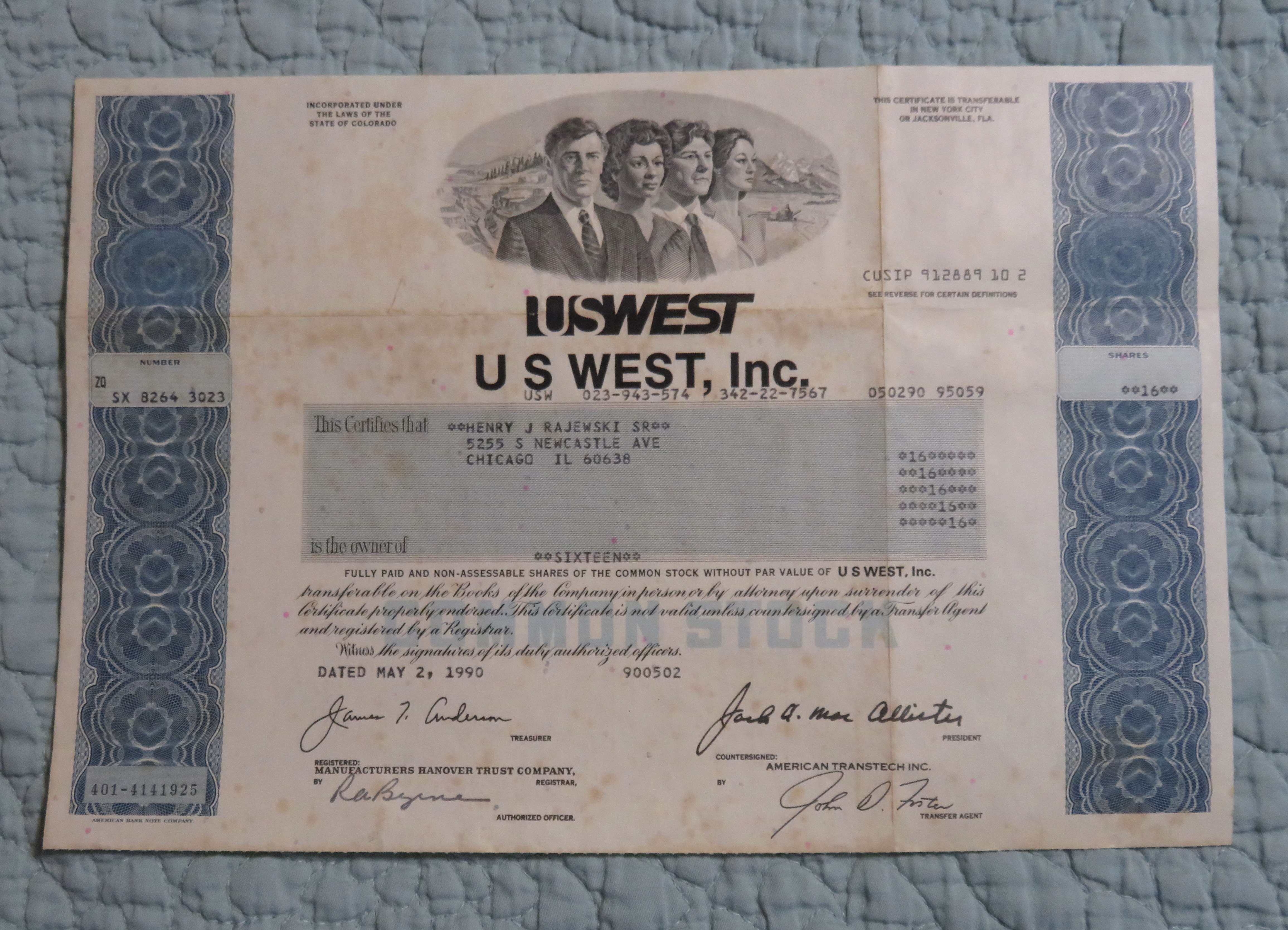 1990 US West Incorporated Stock Certificate