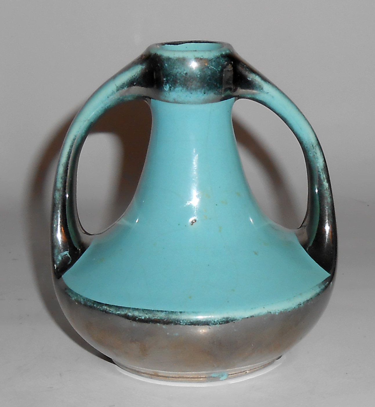 Tudor Art Pottery Blue 2-Handle Art Deco Vase W/Plat