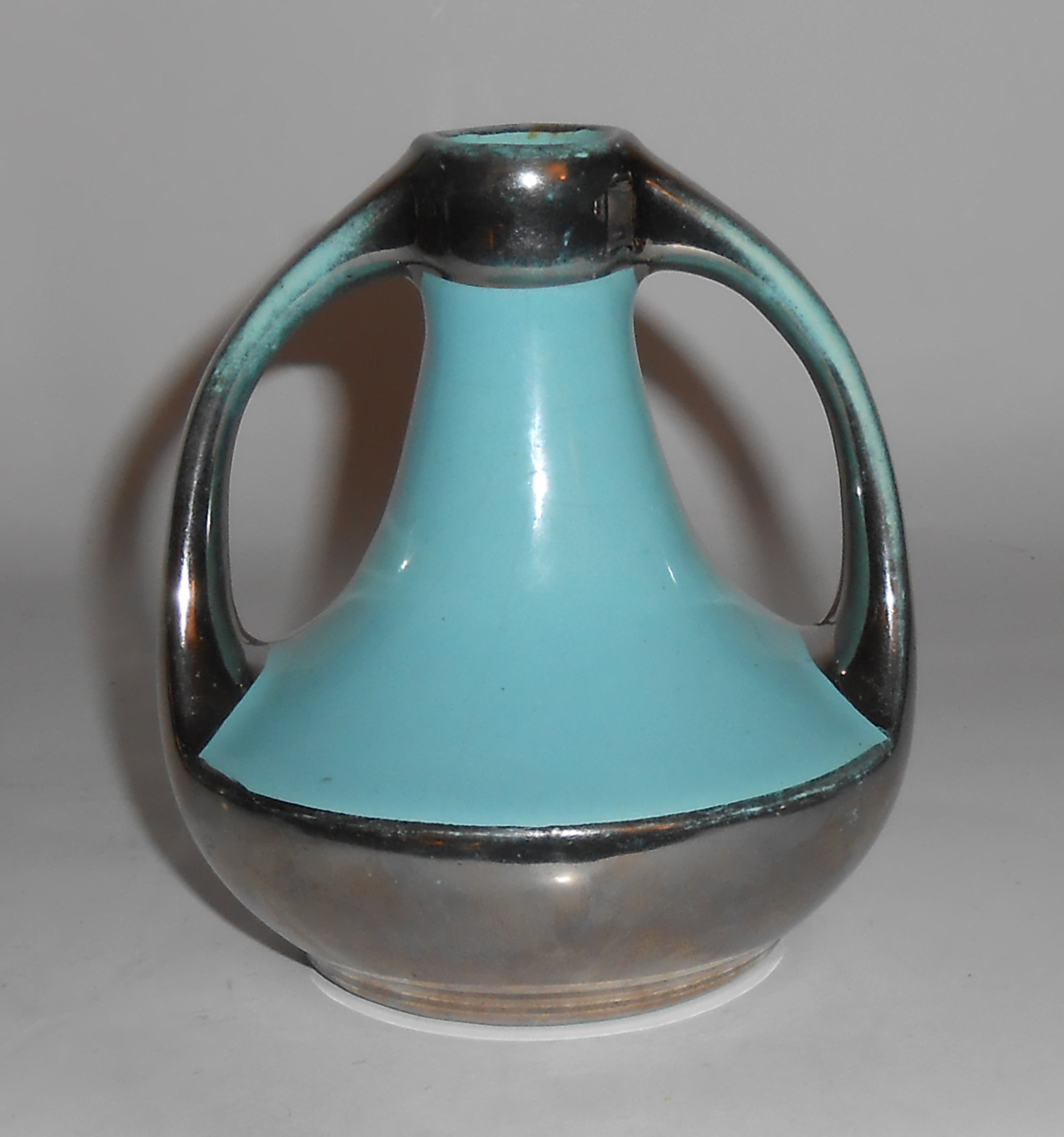 Tudor Art Pottery Blue 2-Handle Art Deco Vase W/Plat