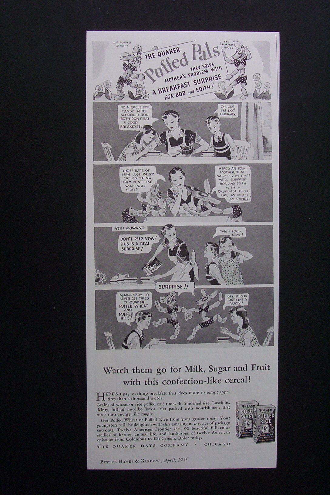 1935 Quaker Puffed Rice Cereal with Breakfast Surprise