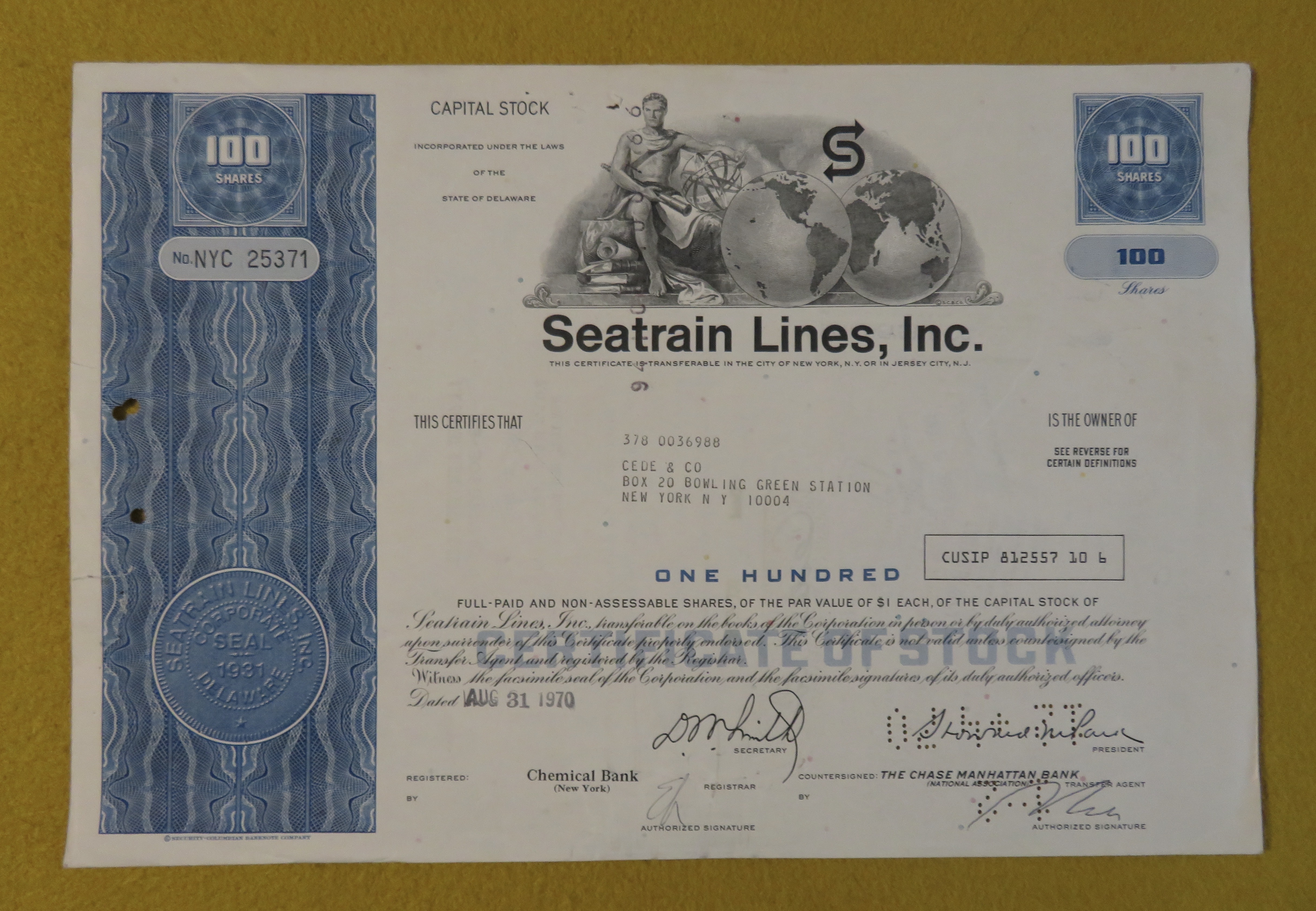 1970 Seatrain Lines Incorporated Stock Certificate