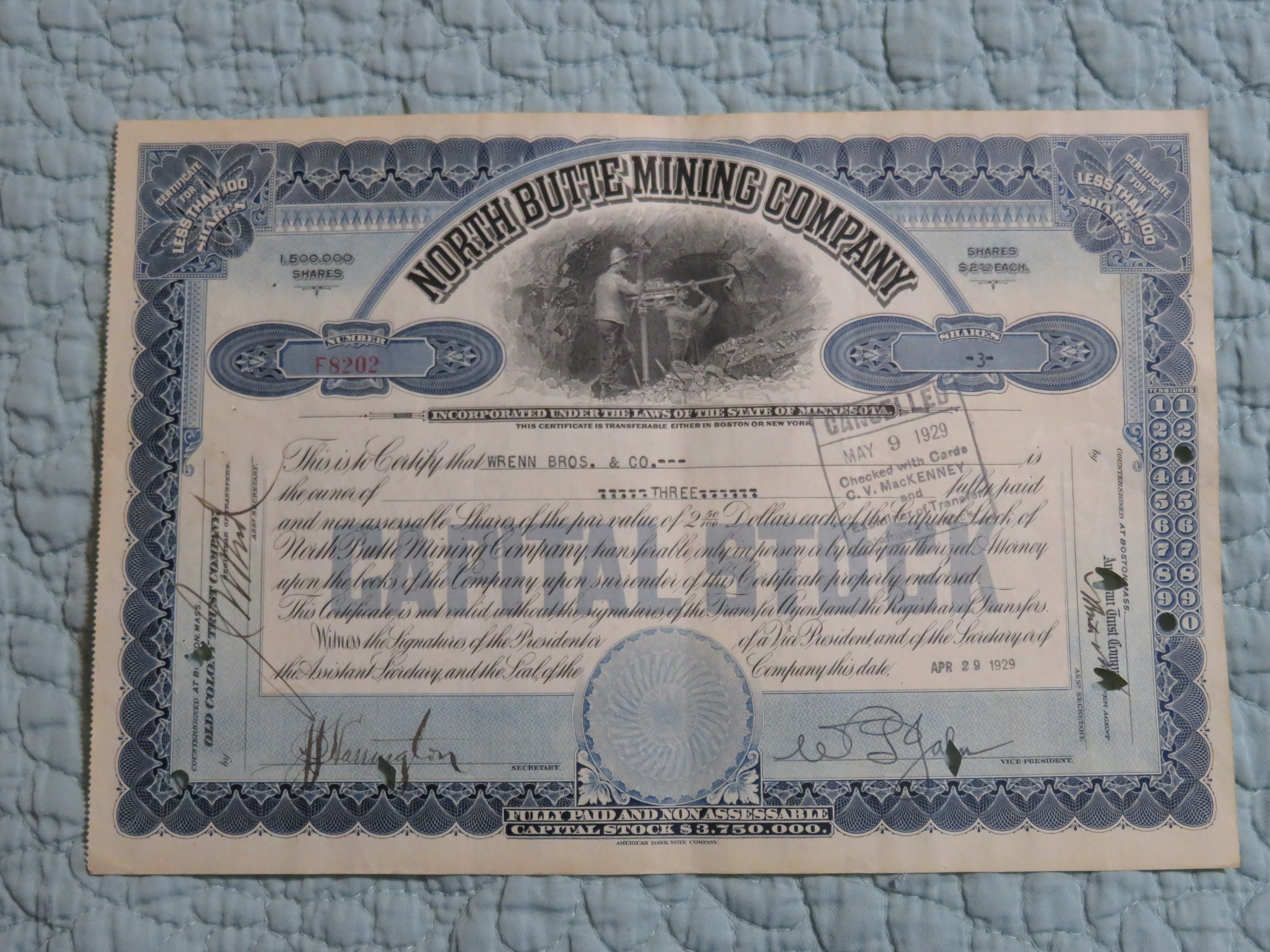 1929 North Butte Mining Company Stock Certificate
