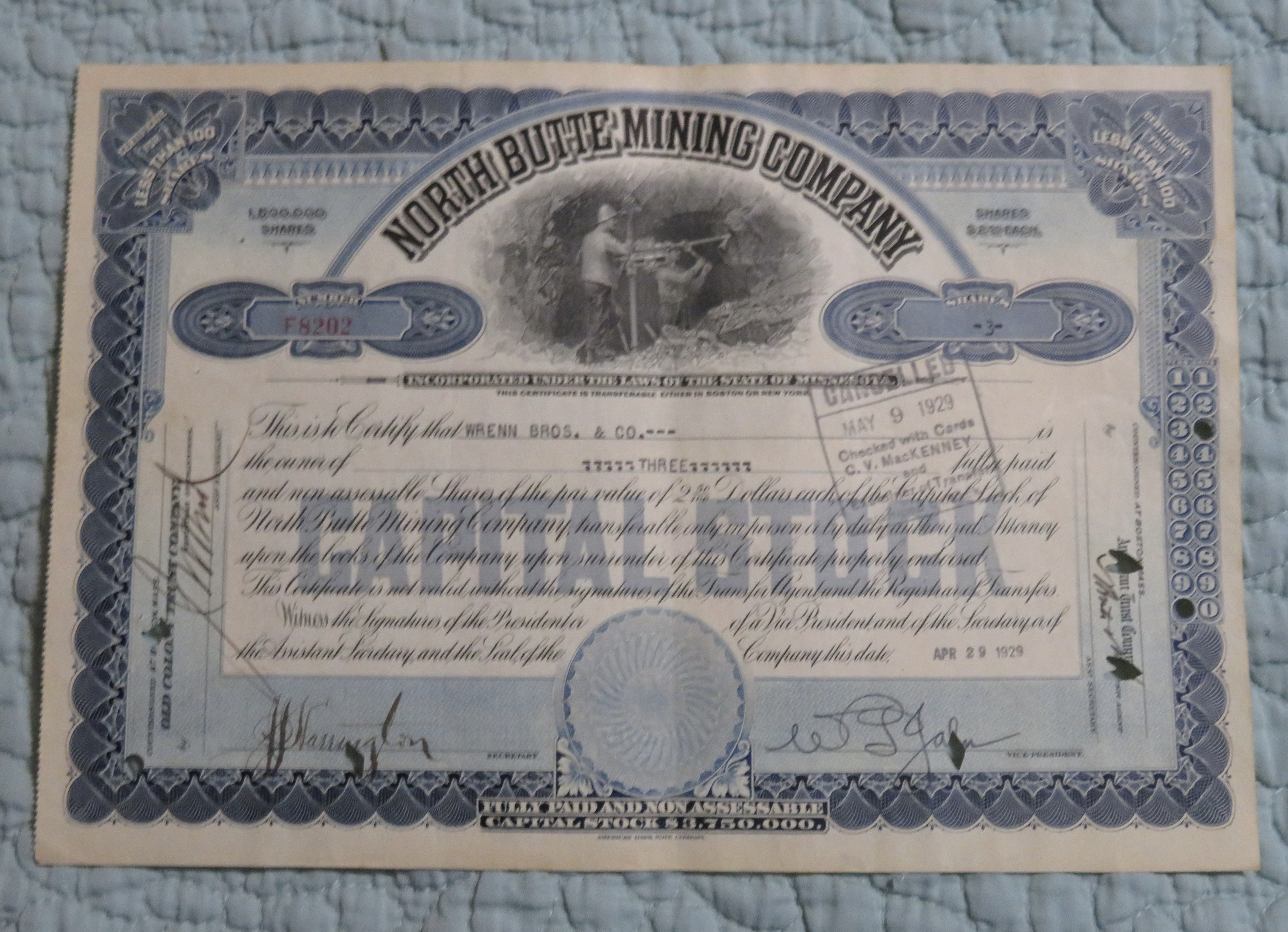 1929 North Butte Mining Company Stock Certificate