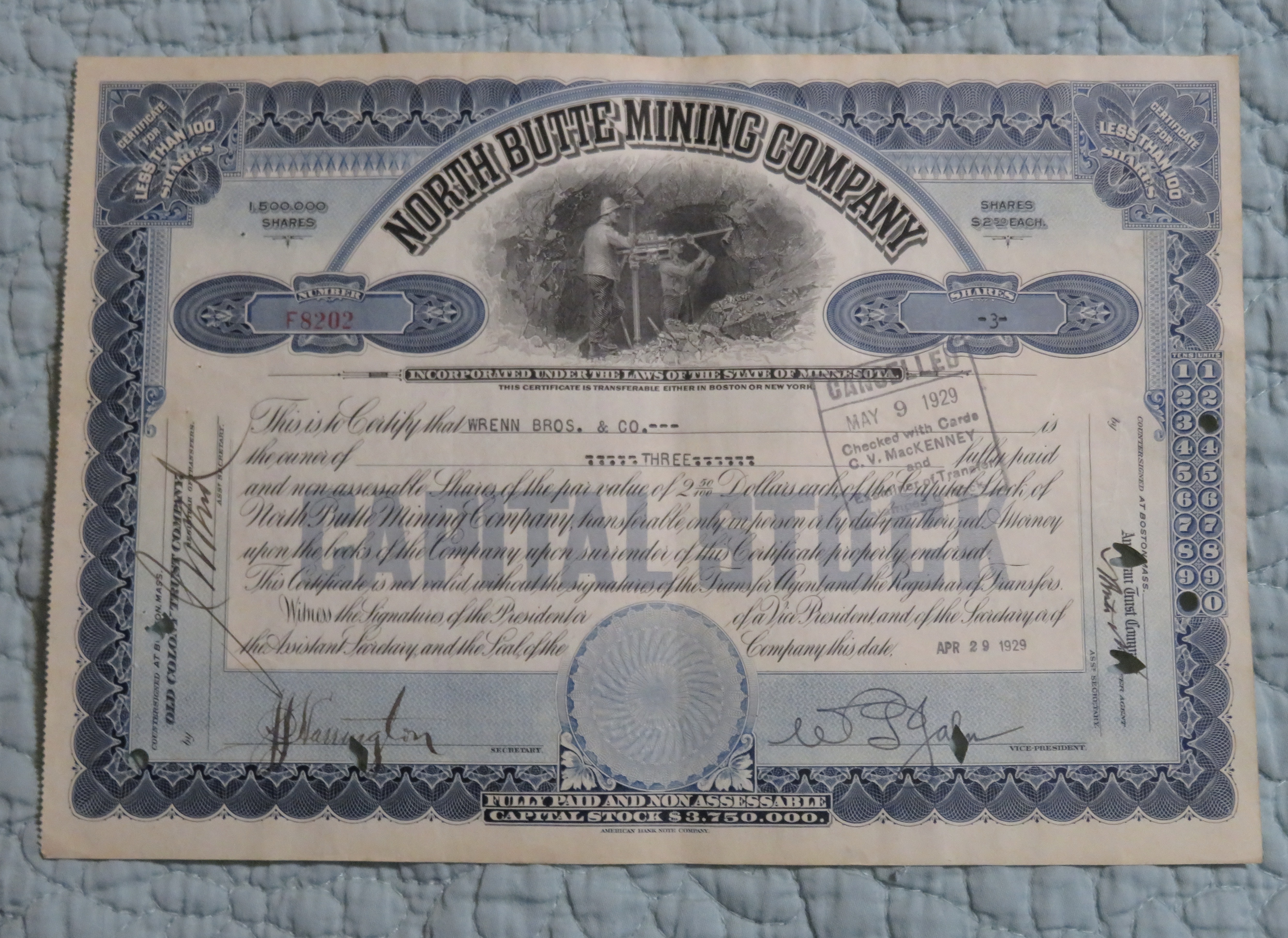 1929 North Butte Mining Company Stock Certificate