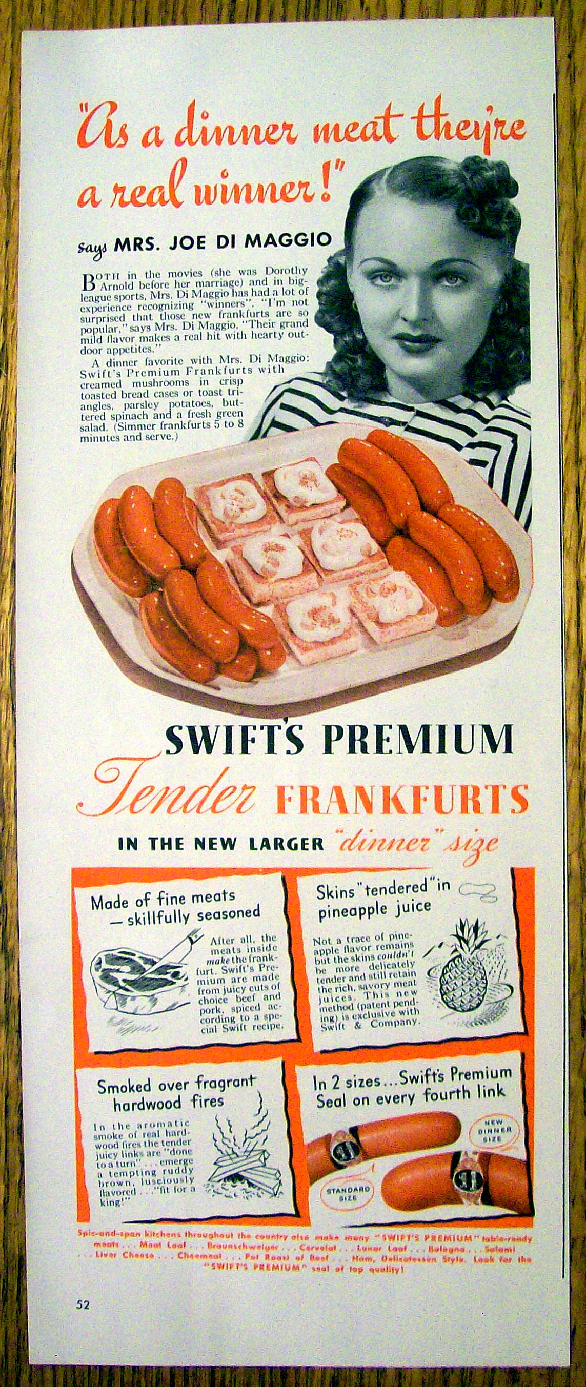 1941 Swift Premium Frankfurts with Mrs. Joe Di Maggio