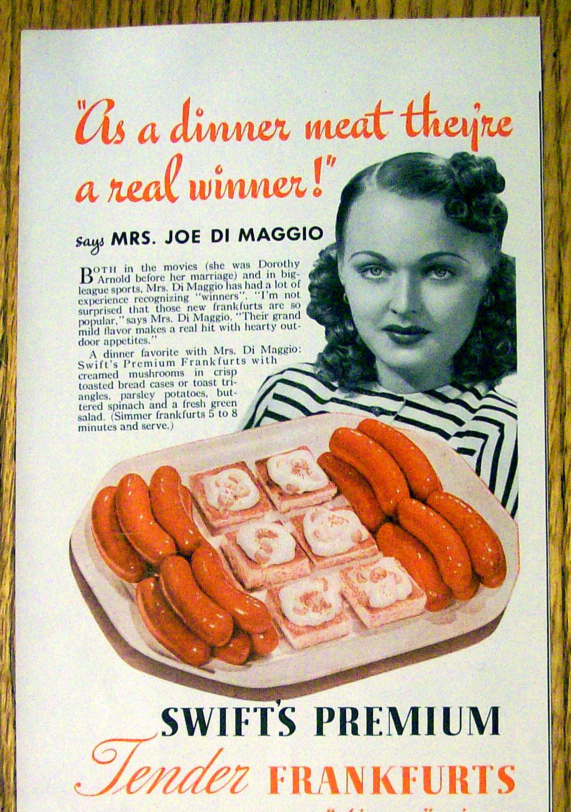 1941 Swift Premium Frankfurts with Mrs. Joe Di Maggio