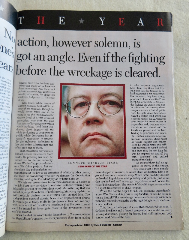 Time Magazine December 28, 1998-January 4, 1999 Men Of The Year:Kenneth Starr & Bill Clinton
