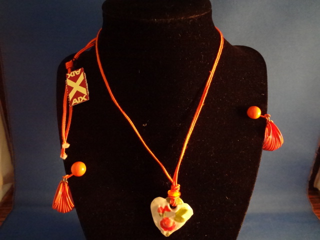 Pottery Heart Necklace with Painted Ring Earrings