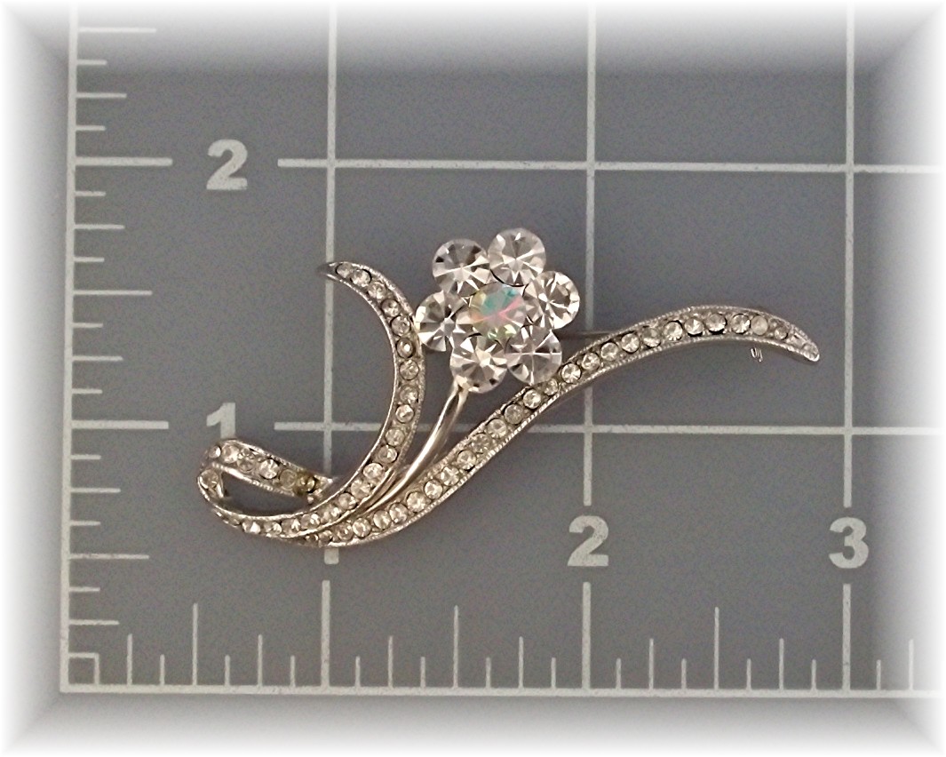 Brooch Pin Silvertone Rhinestone Flowers