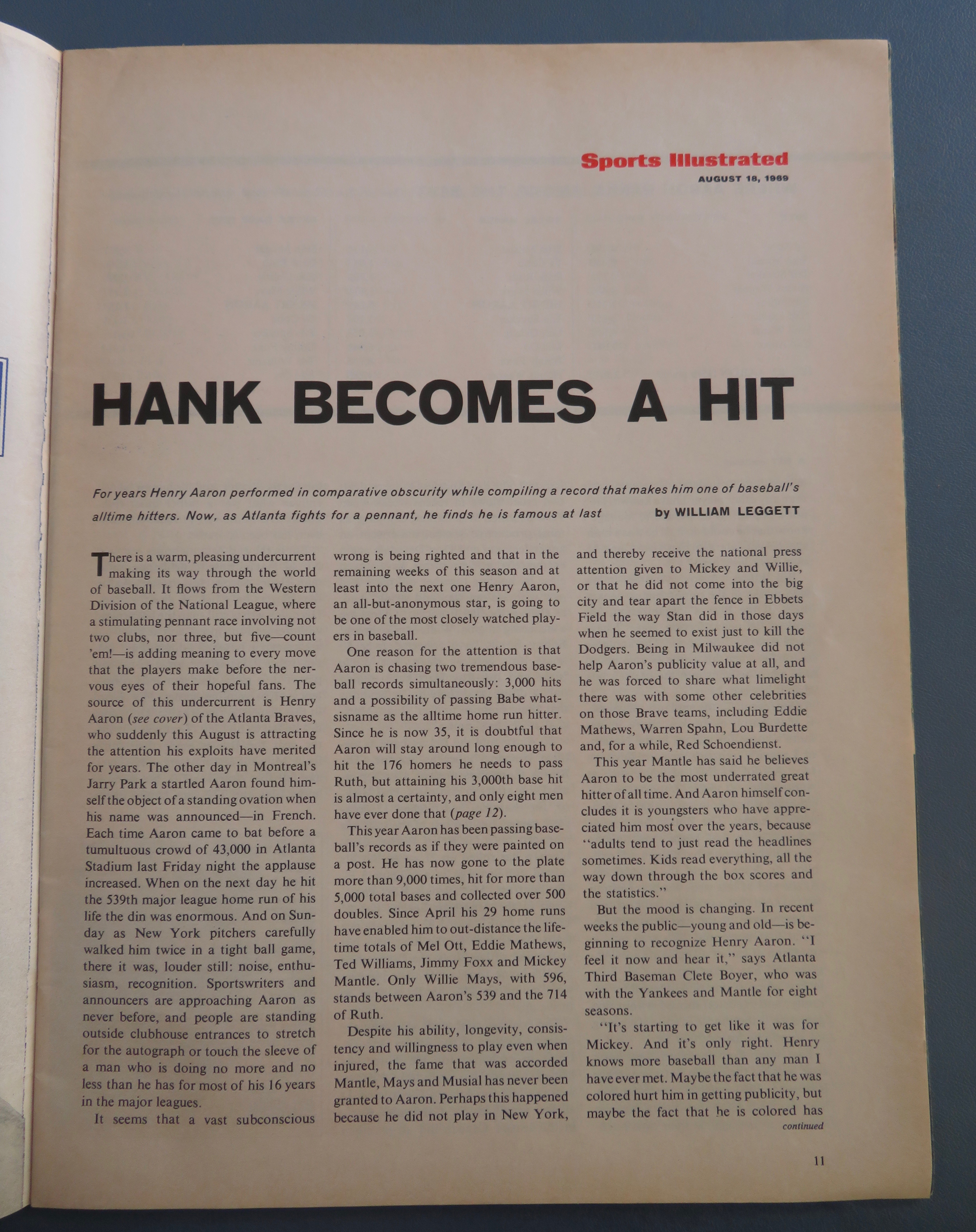 Sports Illustrated Magazine August 18, 1969 Hank Aaron