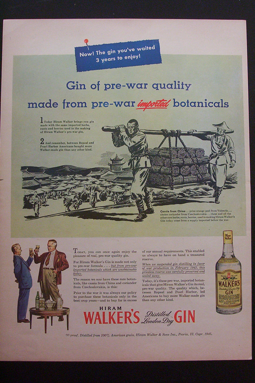1945 Hiram Walker's Gin with Pre War Quality
