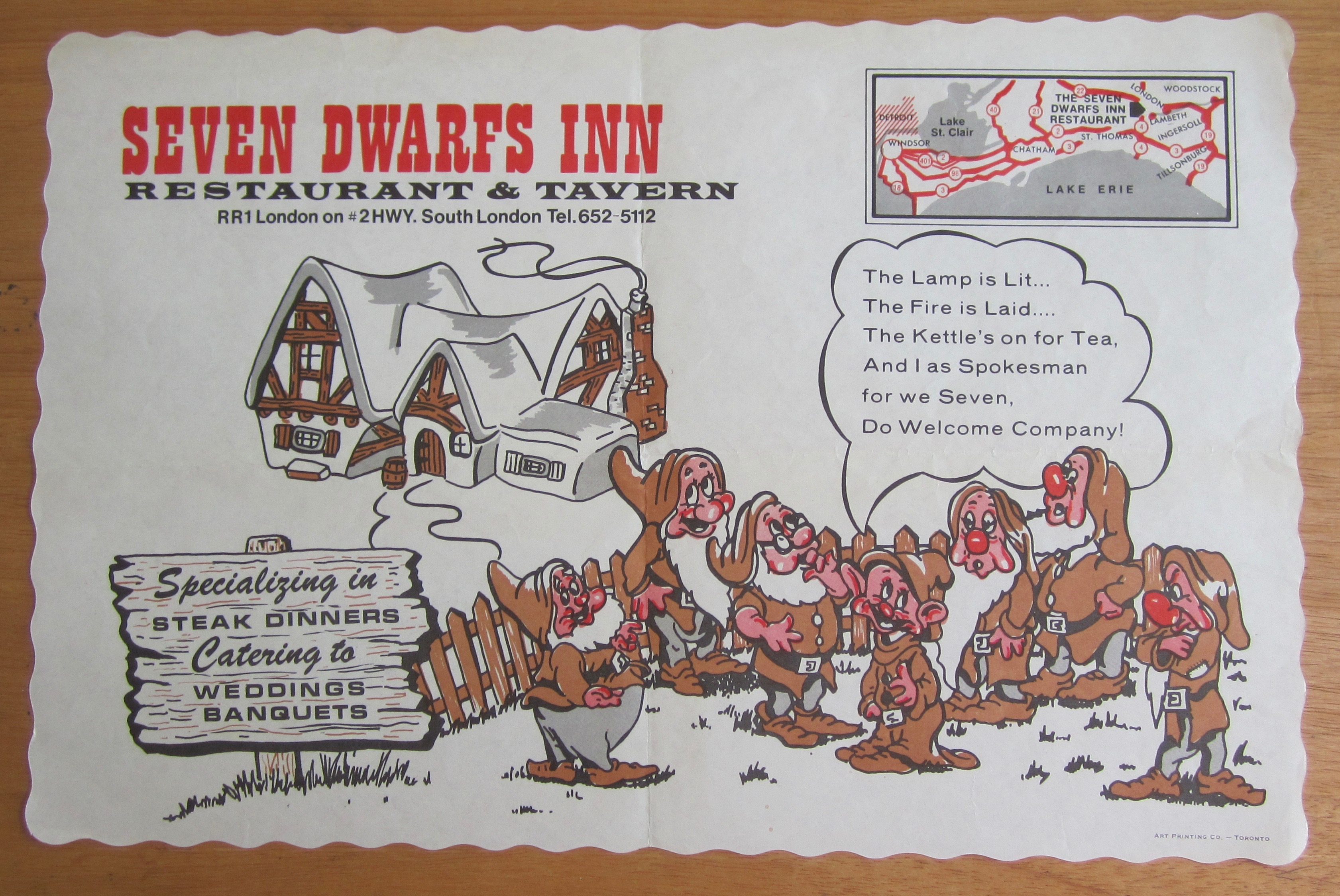 1960's - 1970's Seven Dwarfs Inn Place Mat