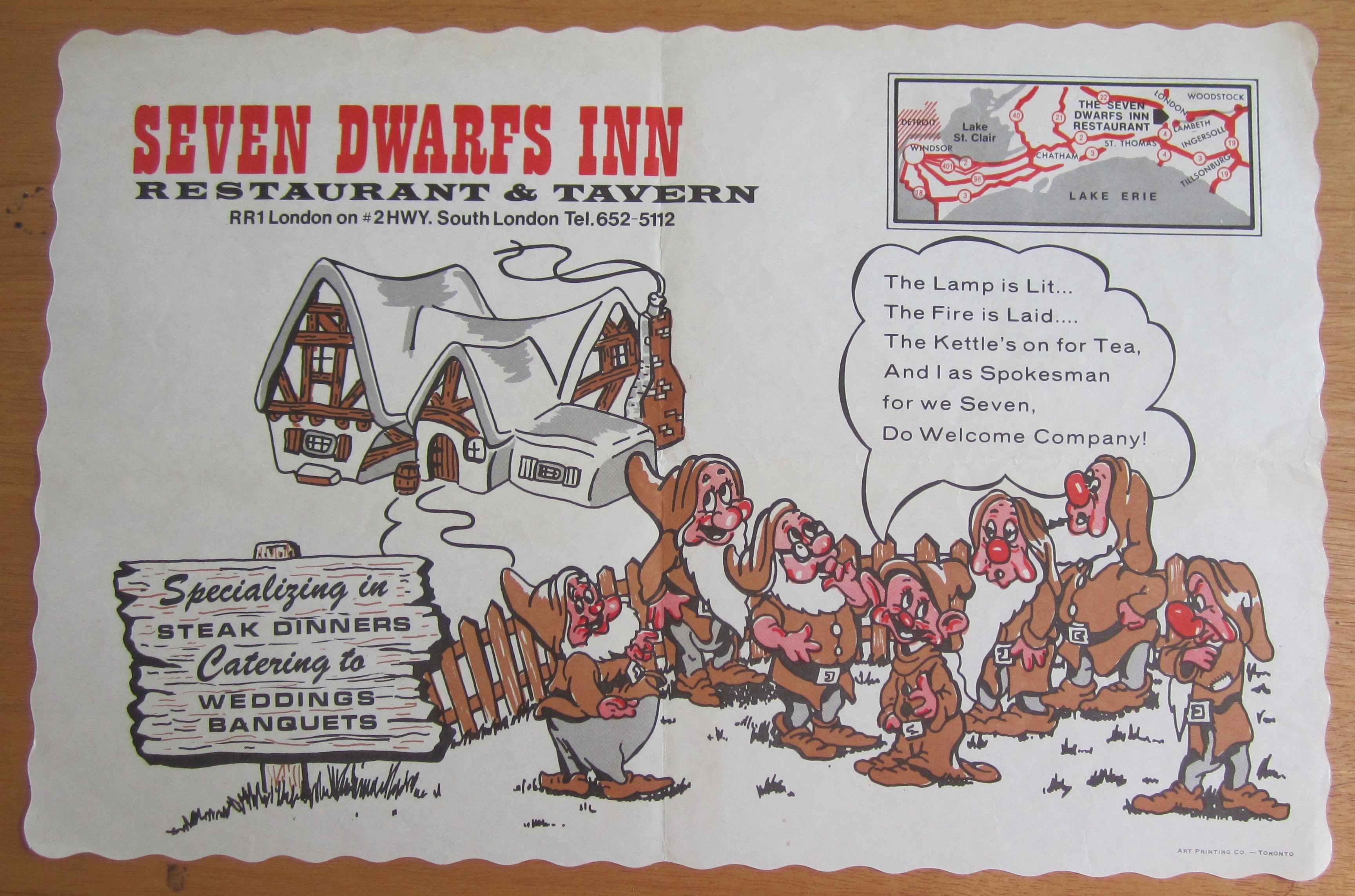 1960's - 1970's Seven Dwarfs Inn Place Mat