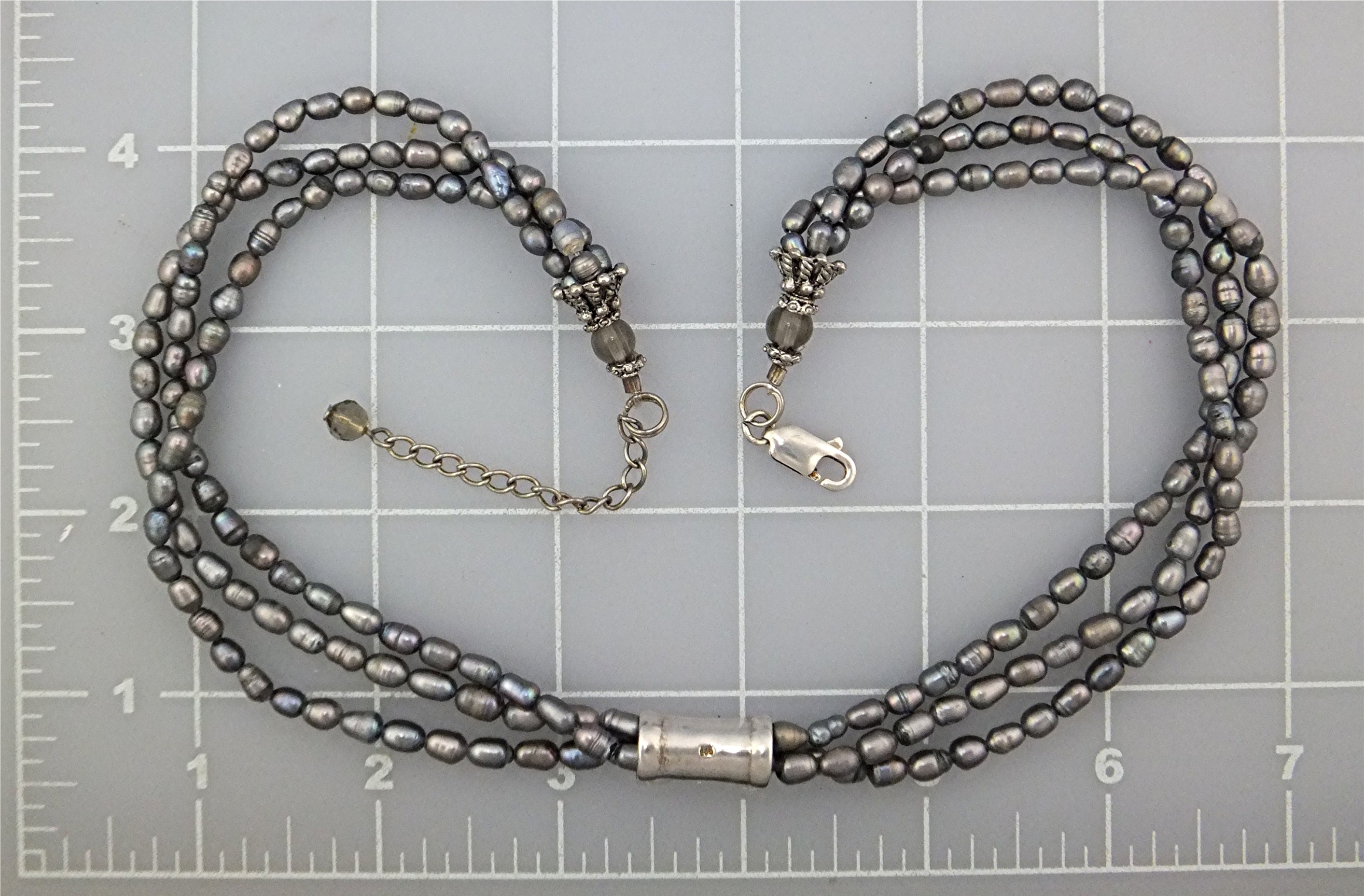Necklace Steling Silver Grey Freshwater Pearls 3 Strand