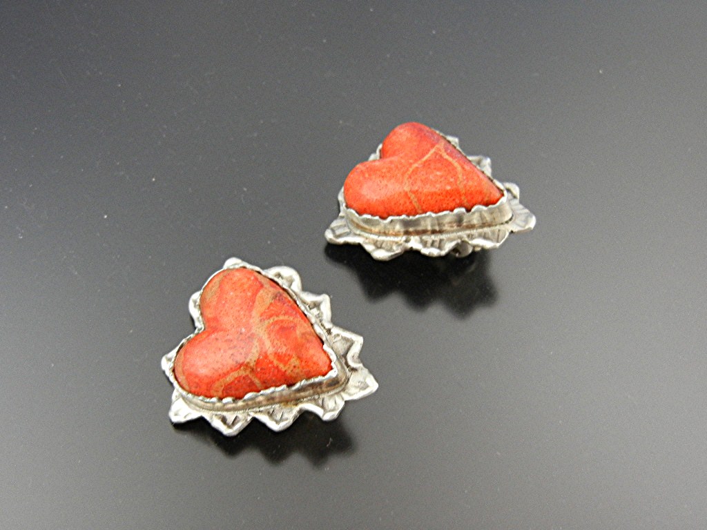 David Troutman Apple Coral Sterling Silver Heart Earrin